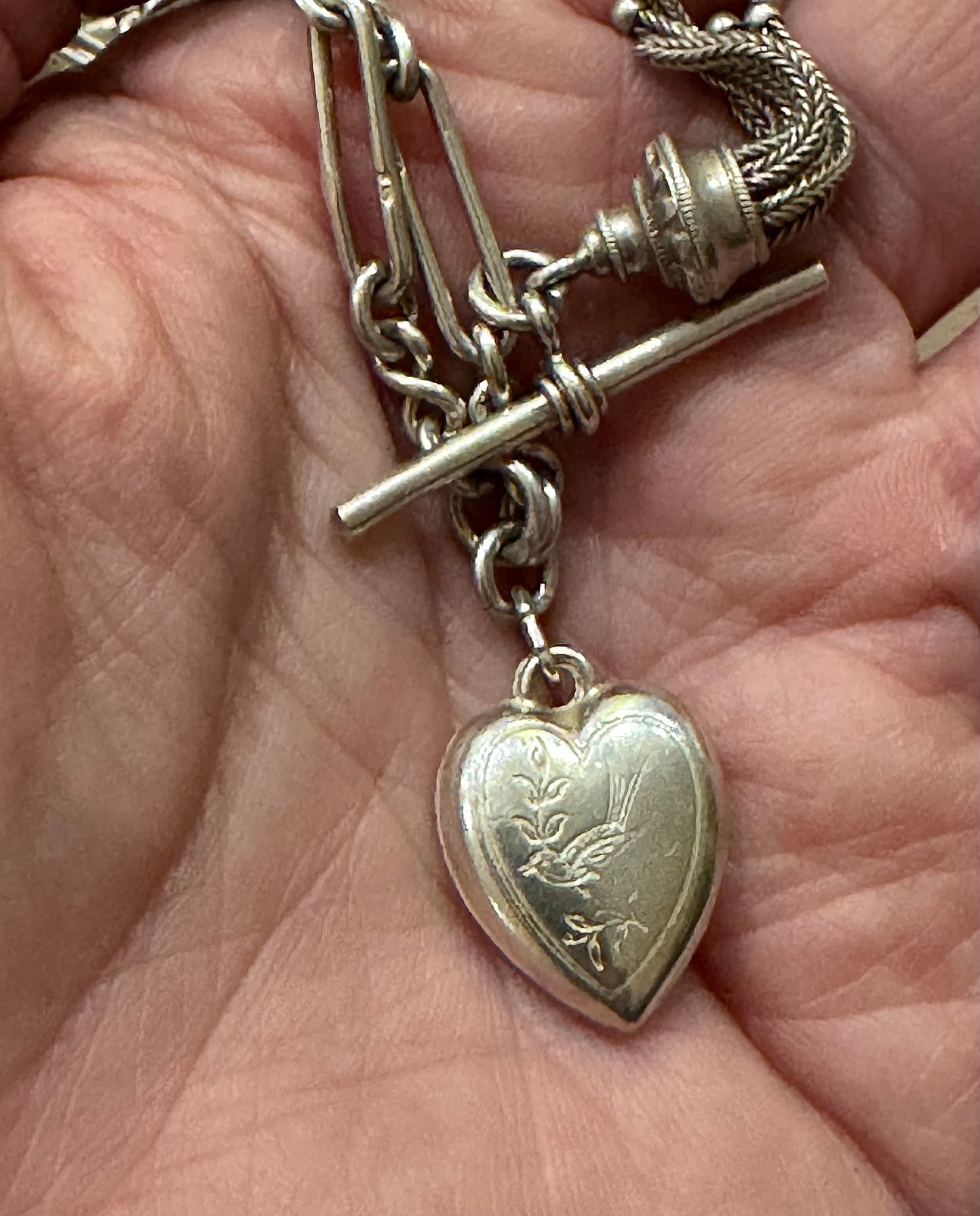 lovely English watch chain with two heart lockets and tassel