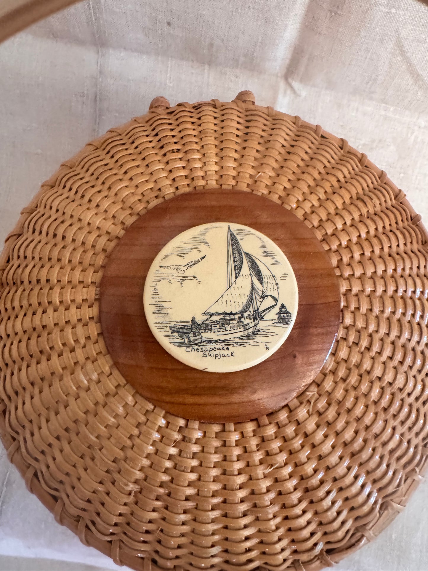 Medium Round Basket with Repro Scrimshaw Chesapeake Sailing Scene
