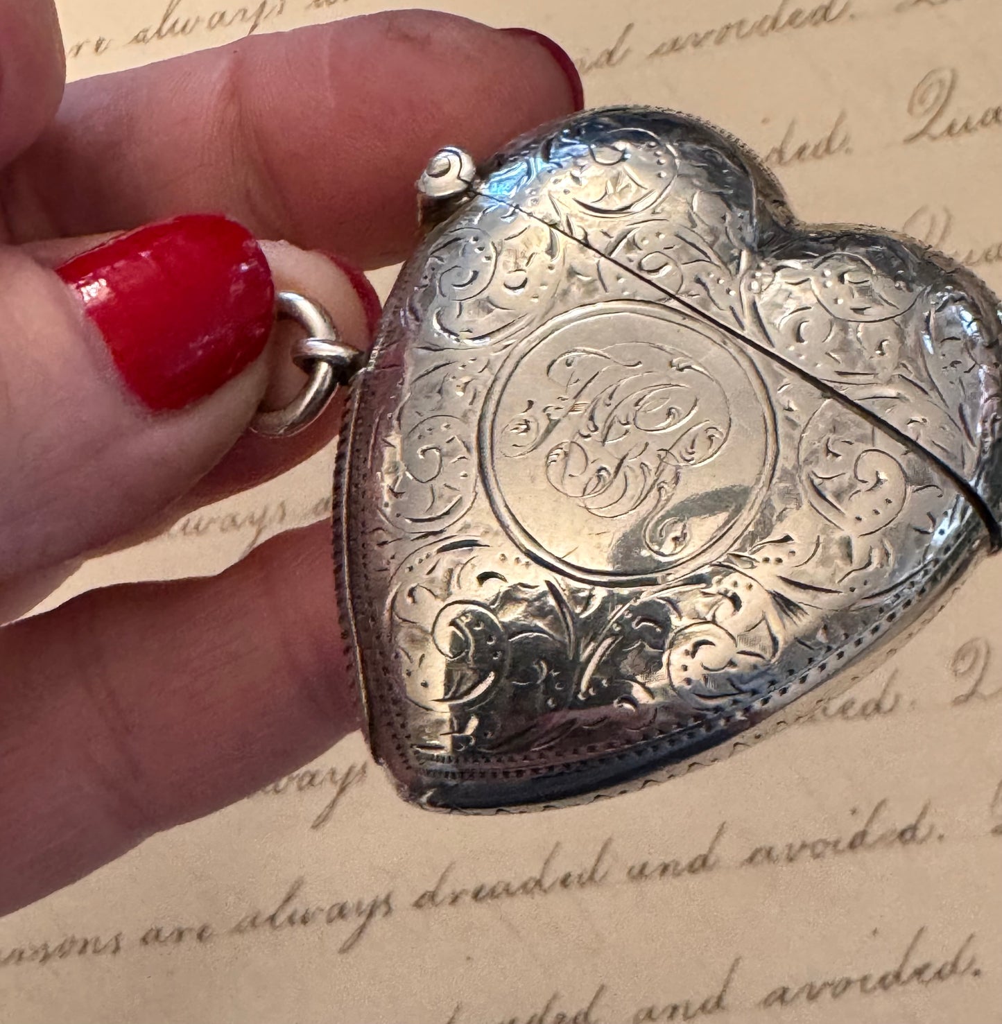 Enormous Engraved Victorian Sterling Heart Shaped Match Safe with FGR Monogram