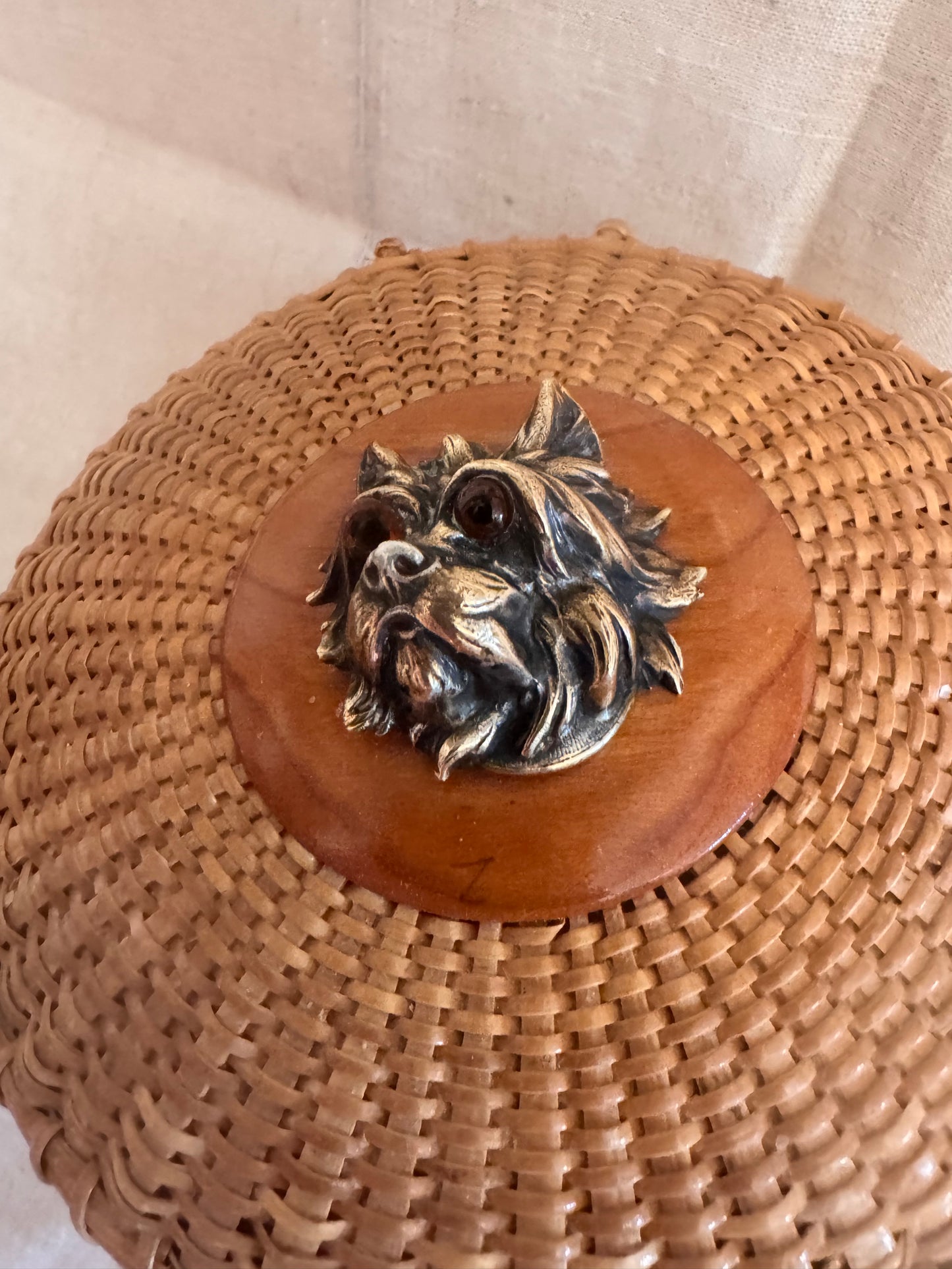 Medium Round Basket with Rare Victorian Plated Brass Terrier with Glass Eyes