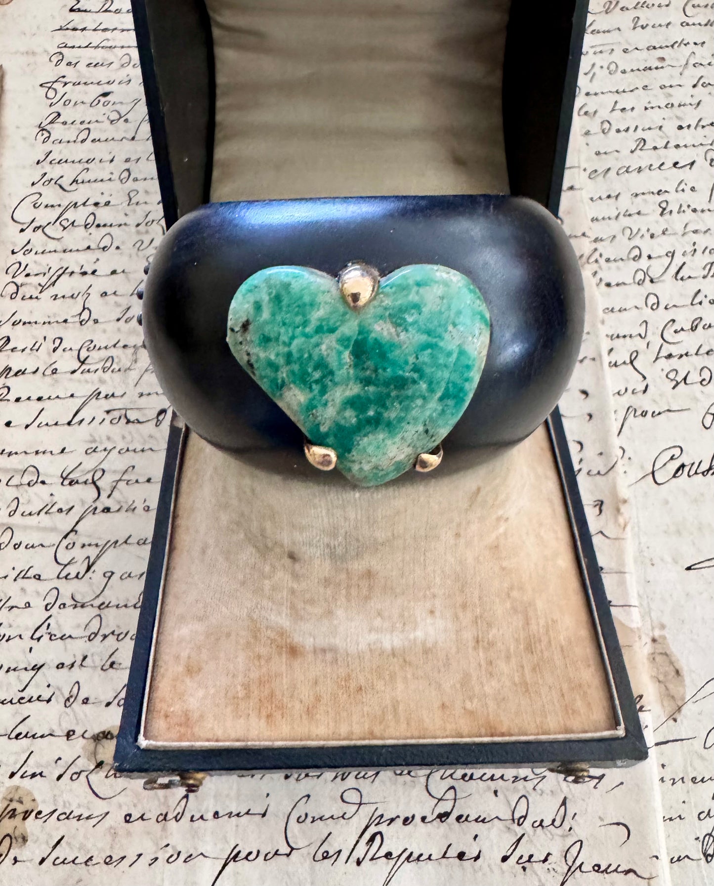 JKC Ebony Cuff with Large Emerald Heart