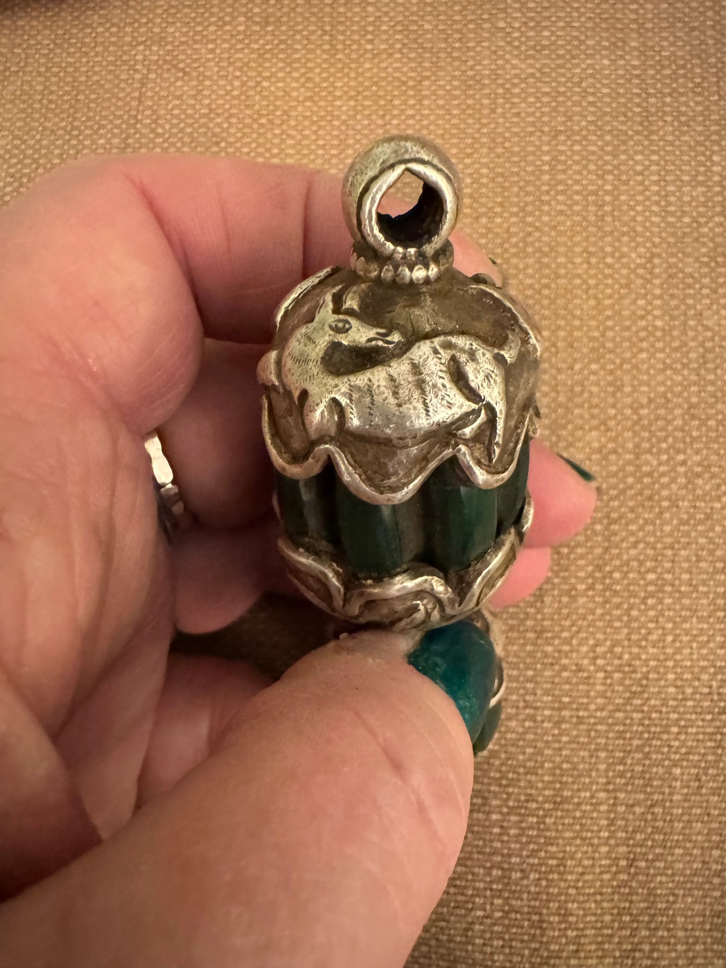 Vintage Tibetan Silver Pendant with Green Stone