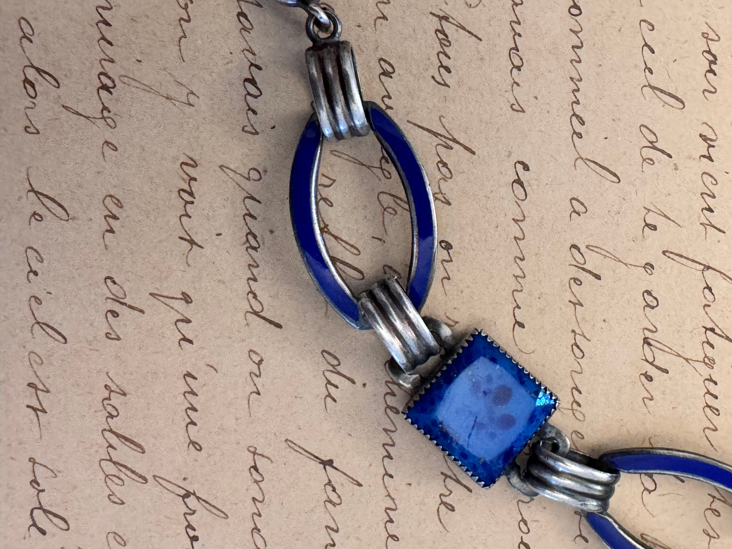 Sterling Deco Opaque Square Blue Glass and Enamel Bracelet