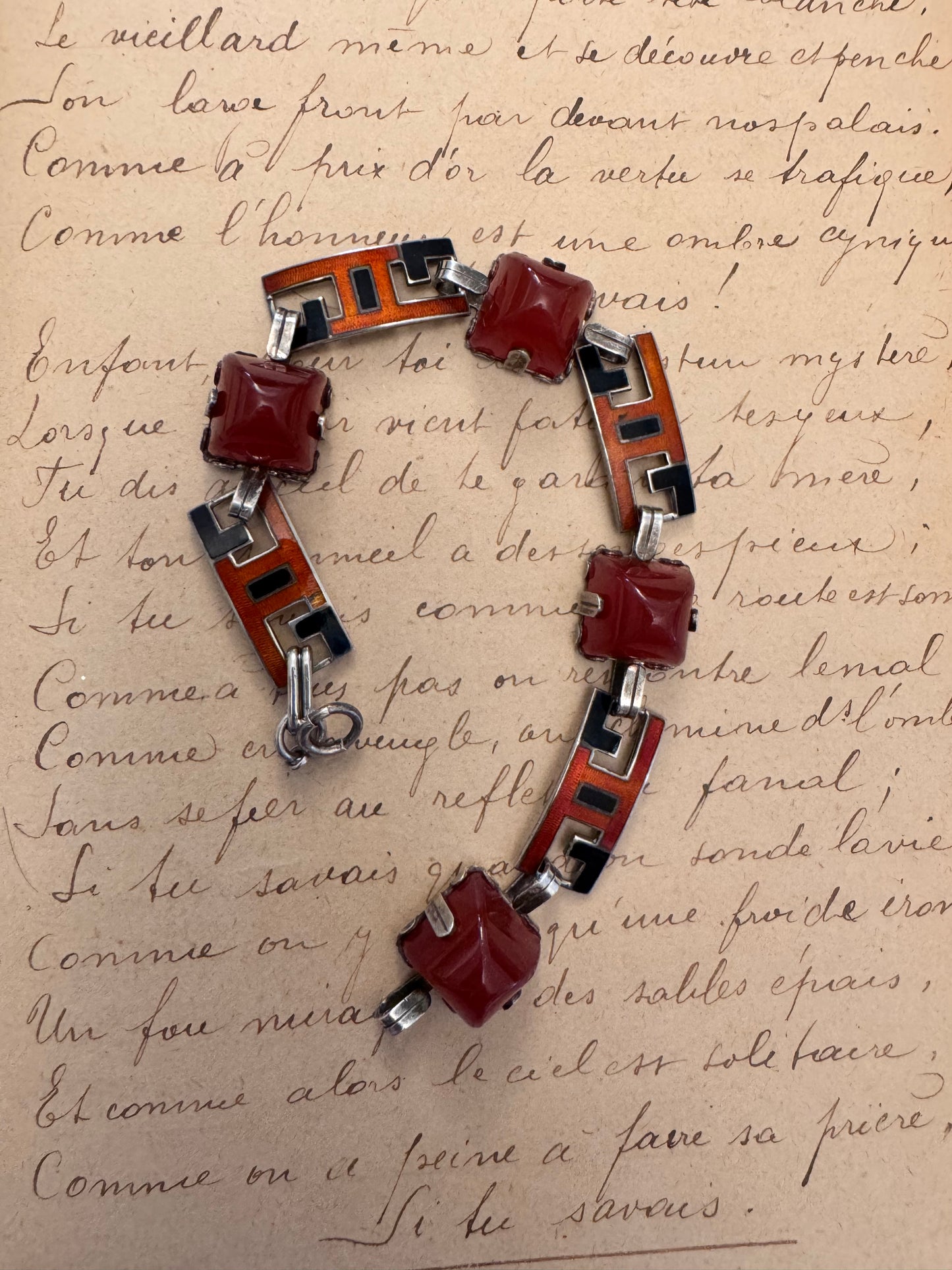 Sterling Deco Opaque Sugarloaf Red Glass and Enamel Bracelet