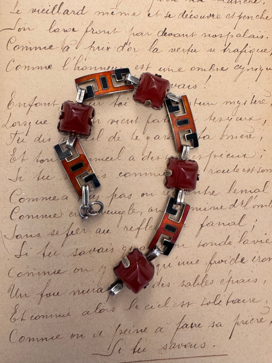 Sterling Deco Opaque Sugarloaf Red Glass and Enamel Bracelet