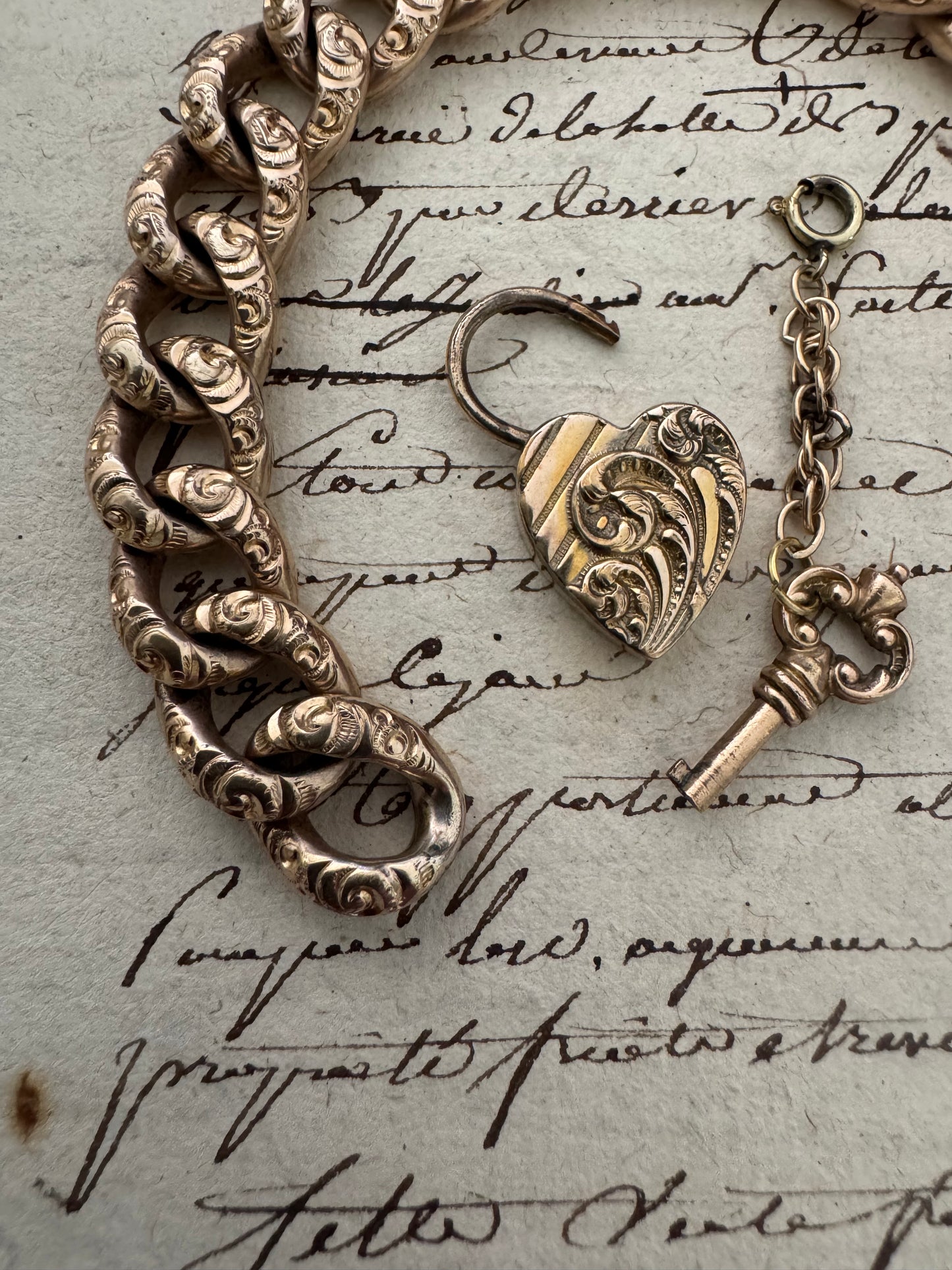 Huge Victorian Gold Filled Embossed Curb Chain with Heart Padlock
