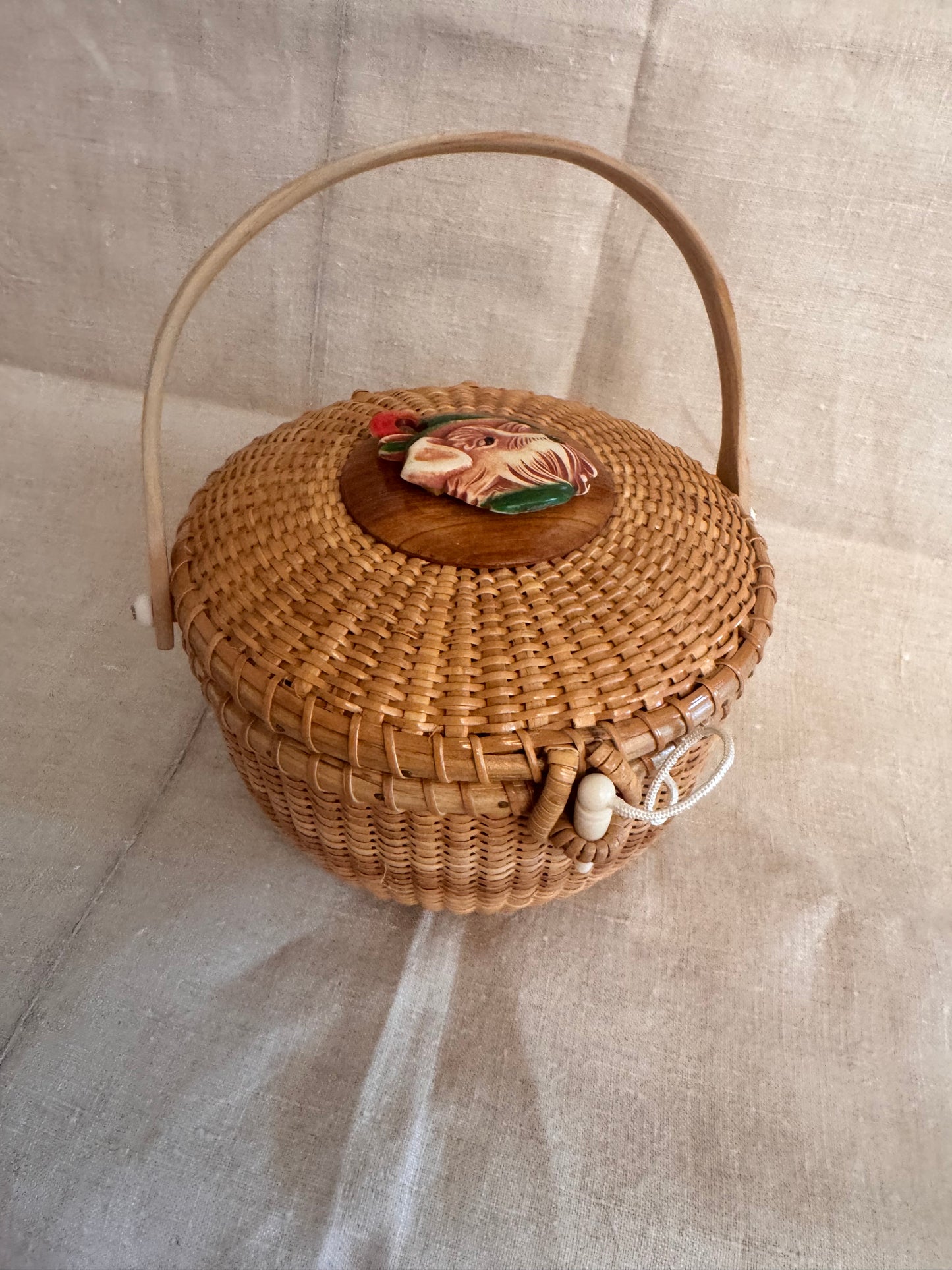Medium Round Basket with Rare Celluloid Scotty Wearing a Jaunty Hat