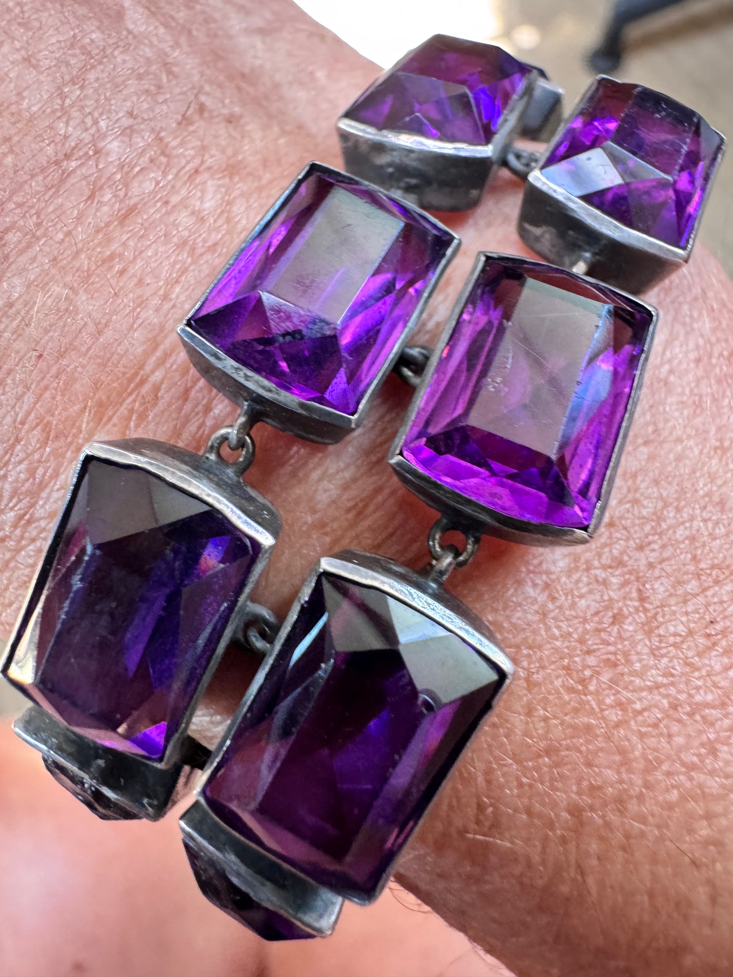 Two Deco Amethyst Glass and Sterling Bracelets