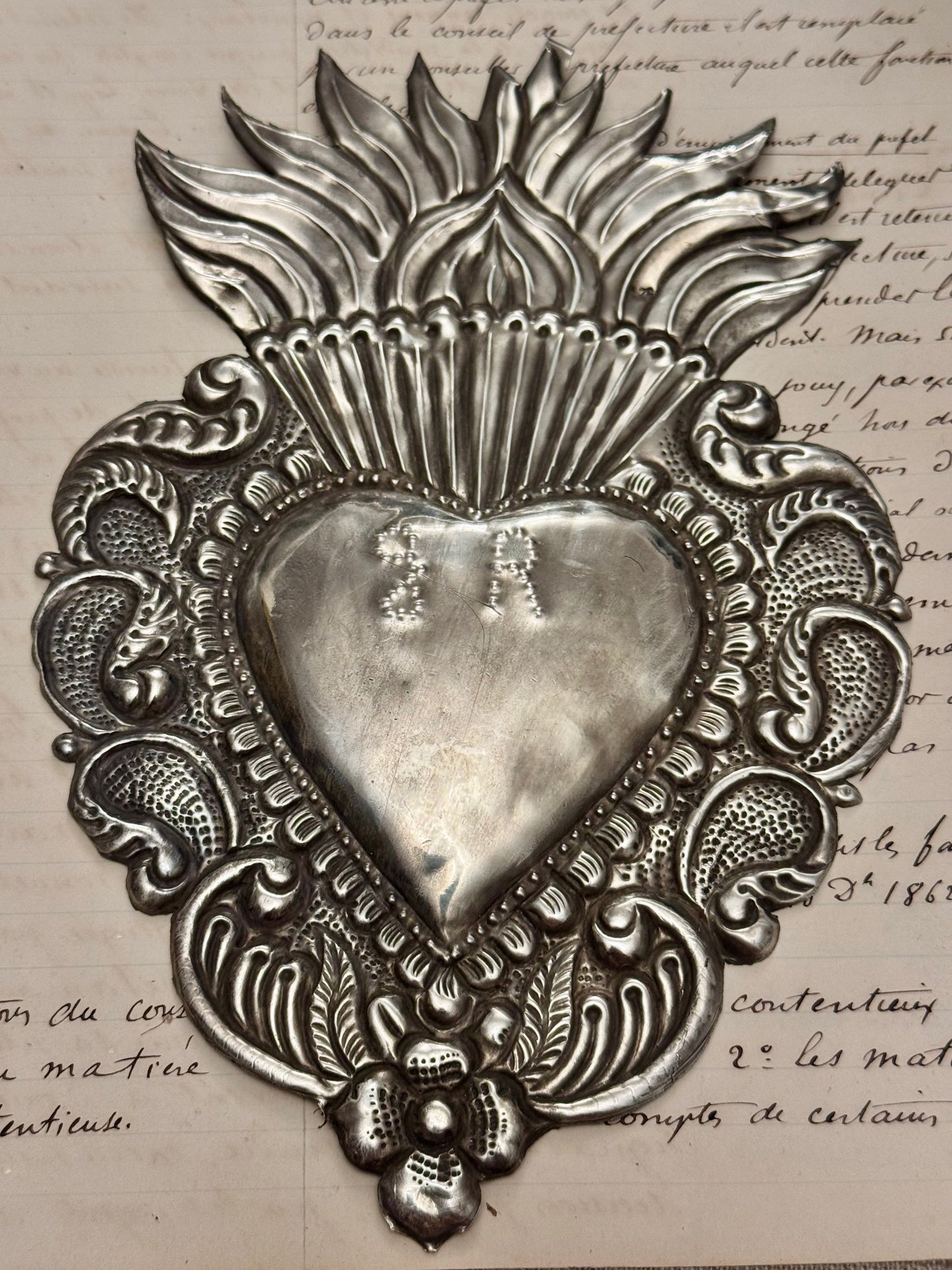 Huge Silver Repousse Ex Voto Heart #1