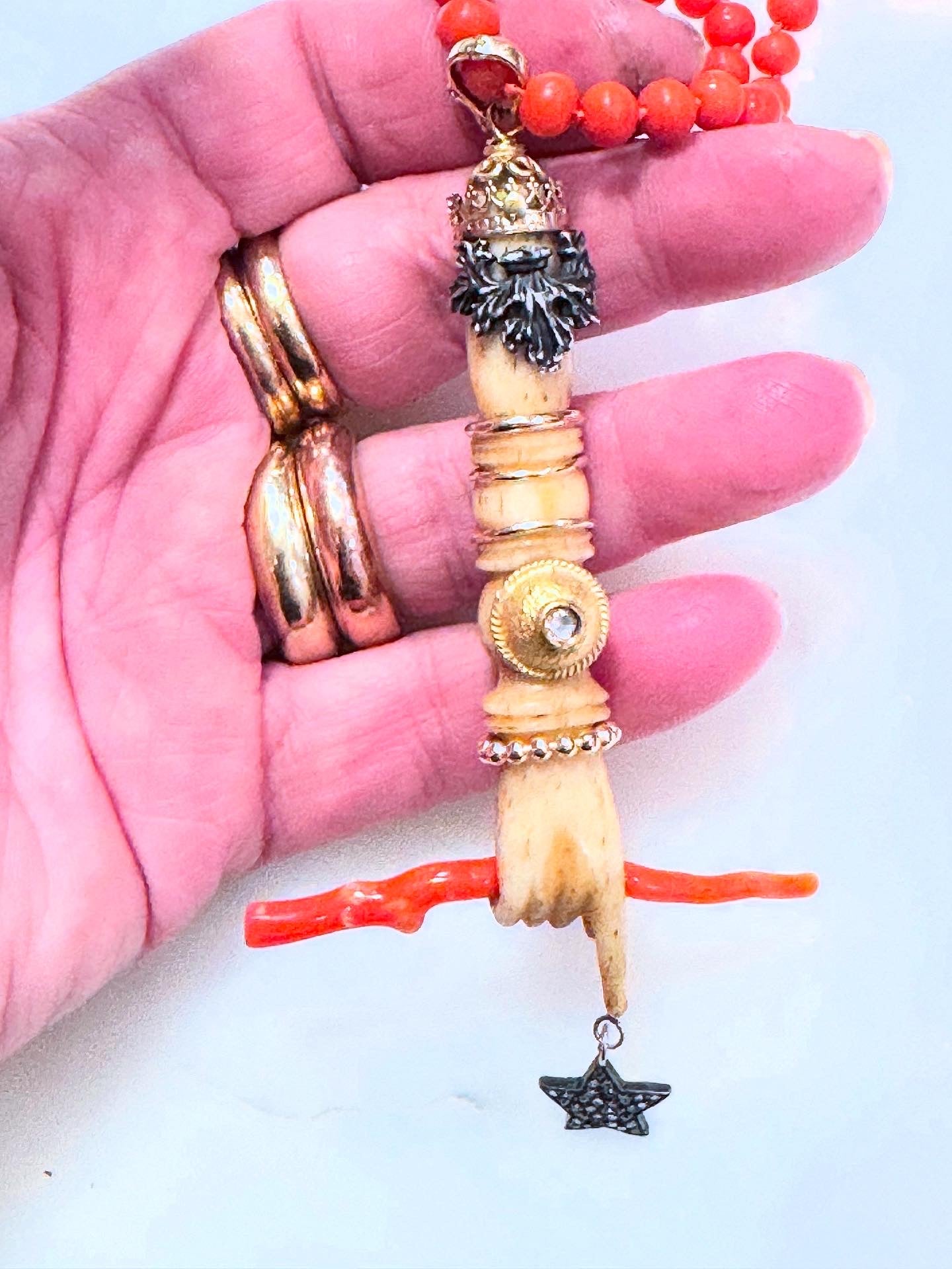 Antique Bone Hand with Diamond Star and Embellishments