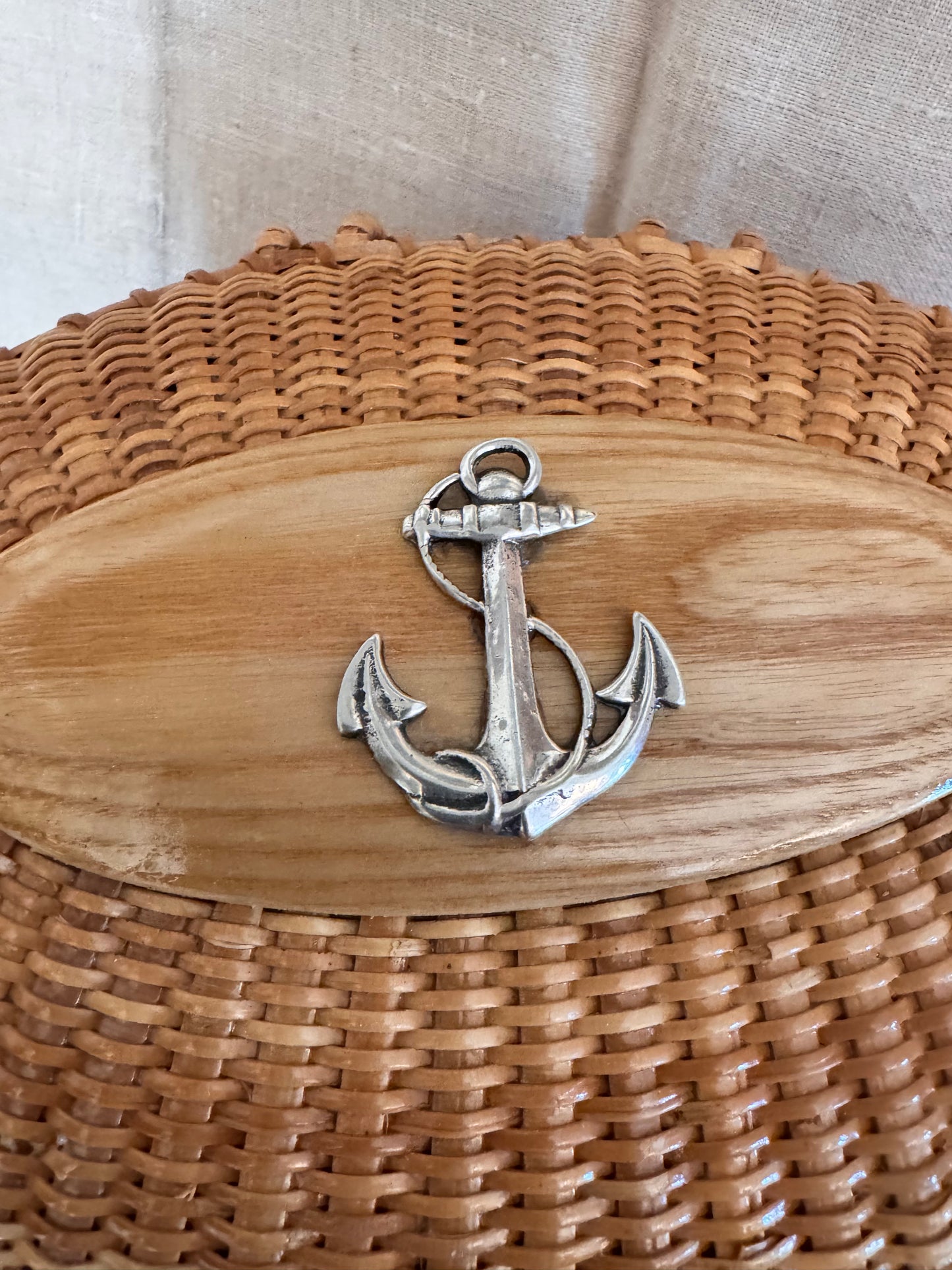Large Oval Basket with Repurposed Vintage Sterling Silver Anchor Pin