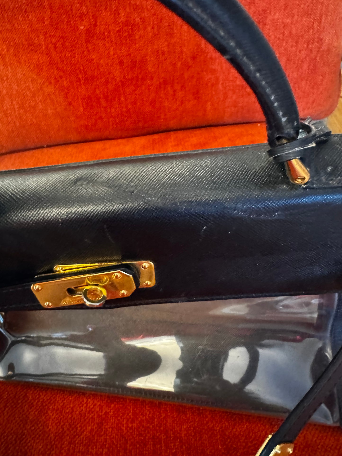 Black leather and clear PVC Kelly style bag