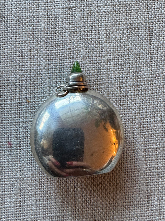 Beautiful Simple Sterling Perfume Bottle with Green Bullet Shaped CabochonStone in Lid