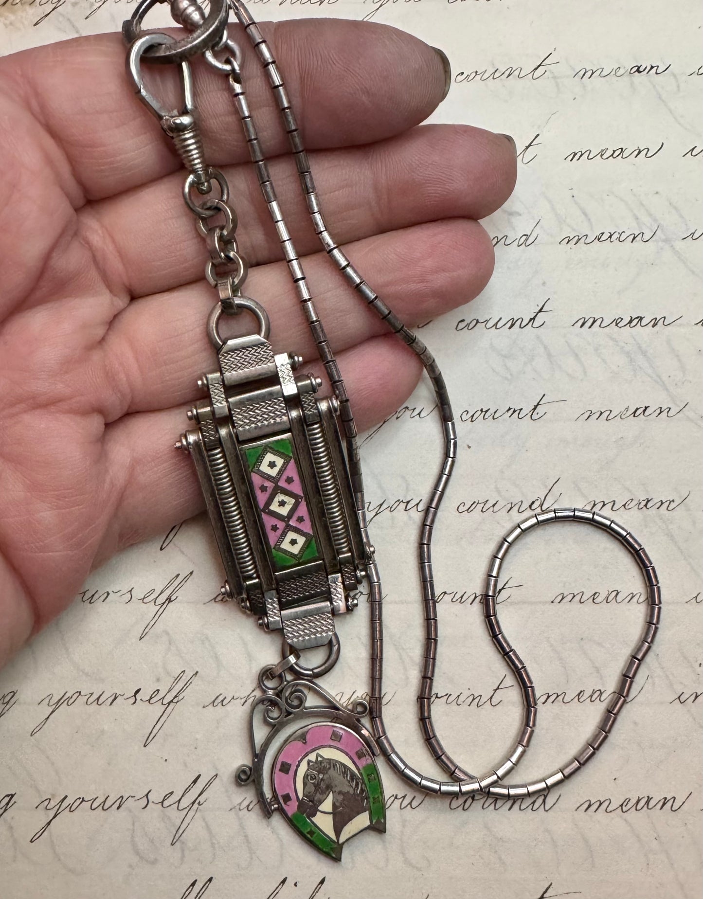 Deco German Chrome Equestrian Fob and Silver Chain