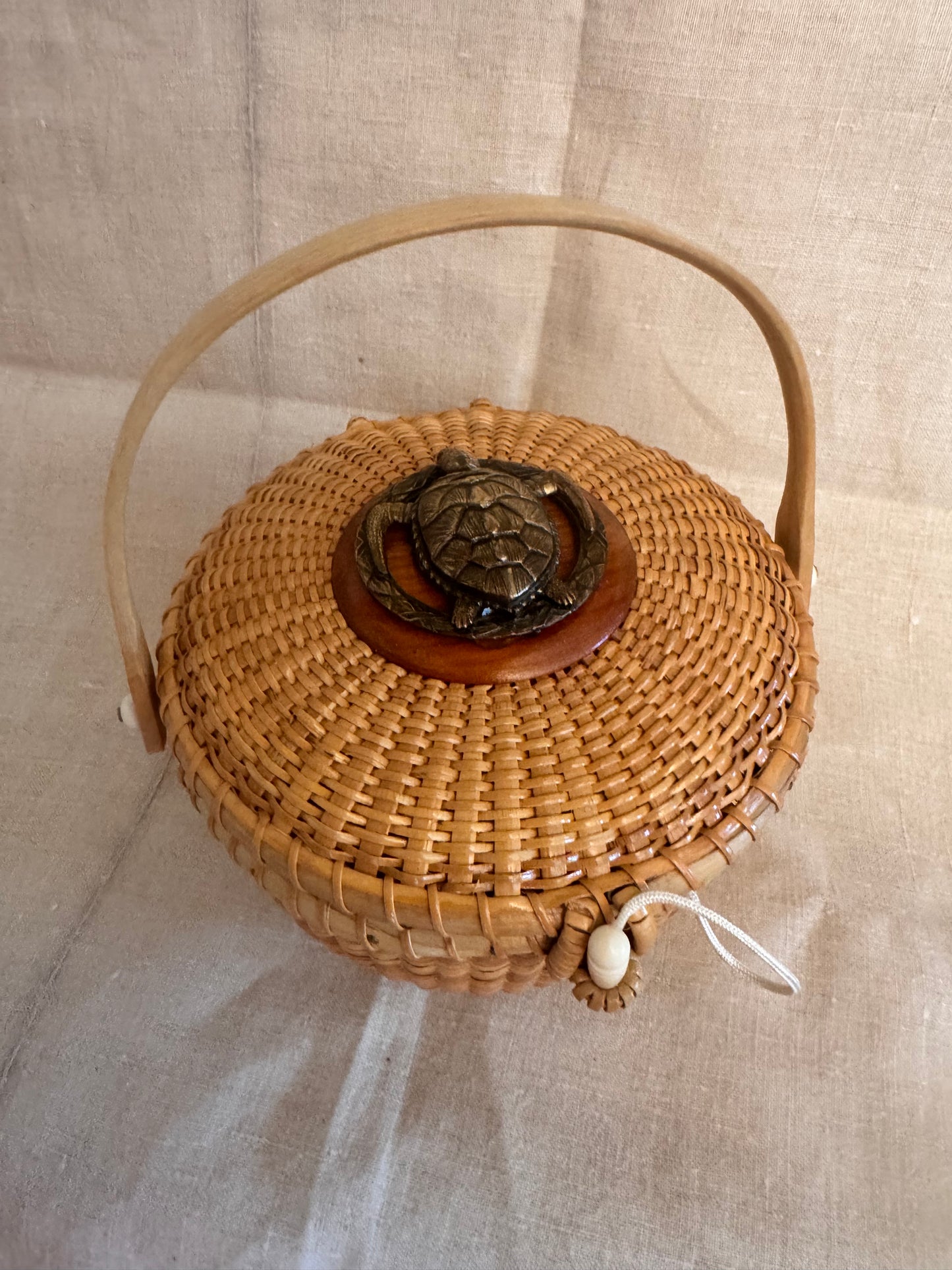 Medium Round Basket with Wonderful Vintage Bronze Turtle