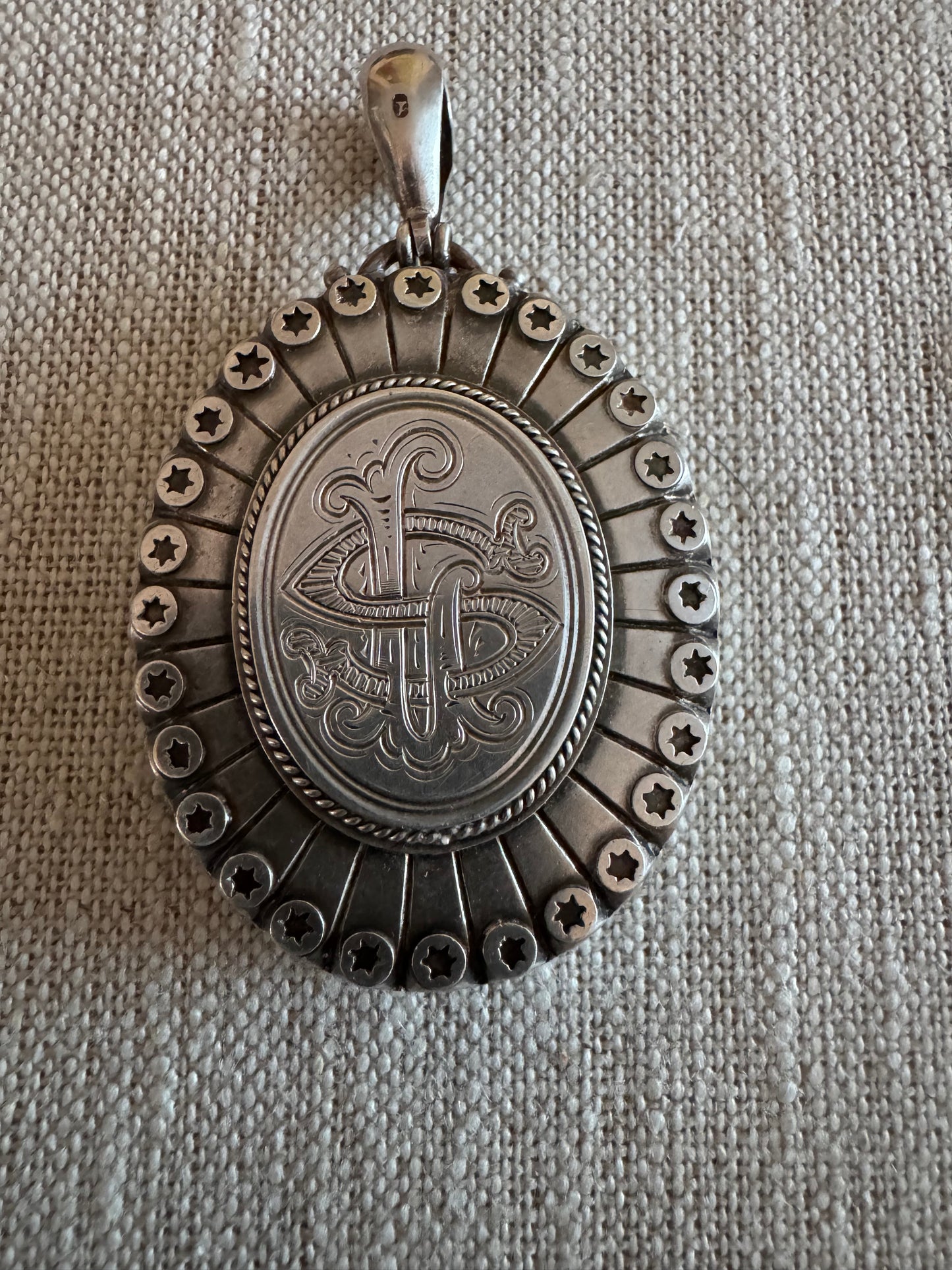 Magnificent Large Victorian Sterling Locket with Stars and LS Initials
