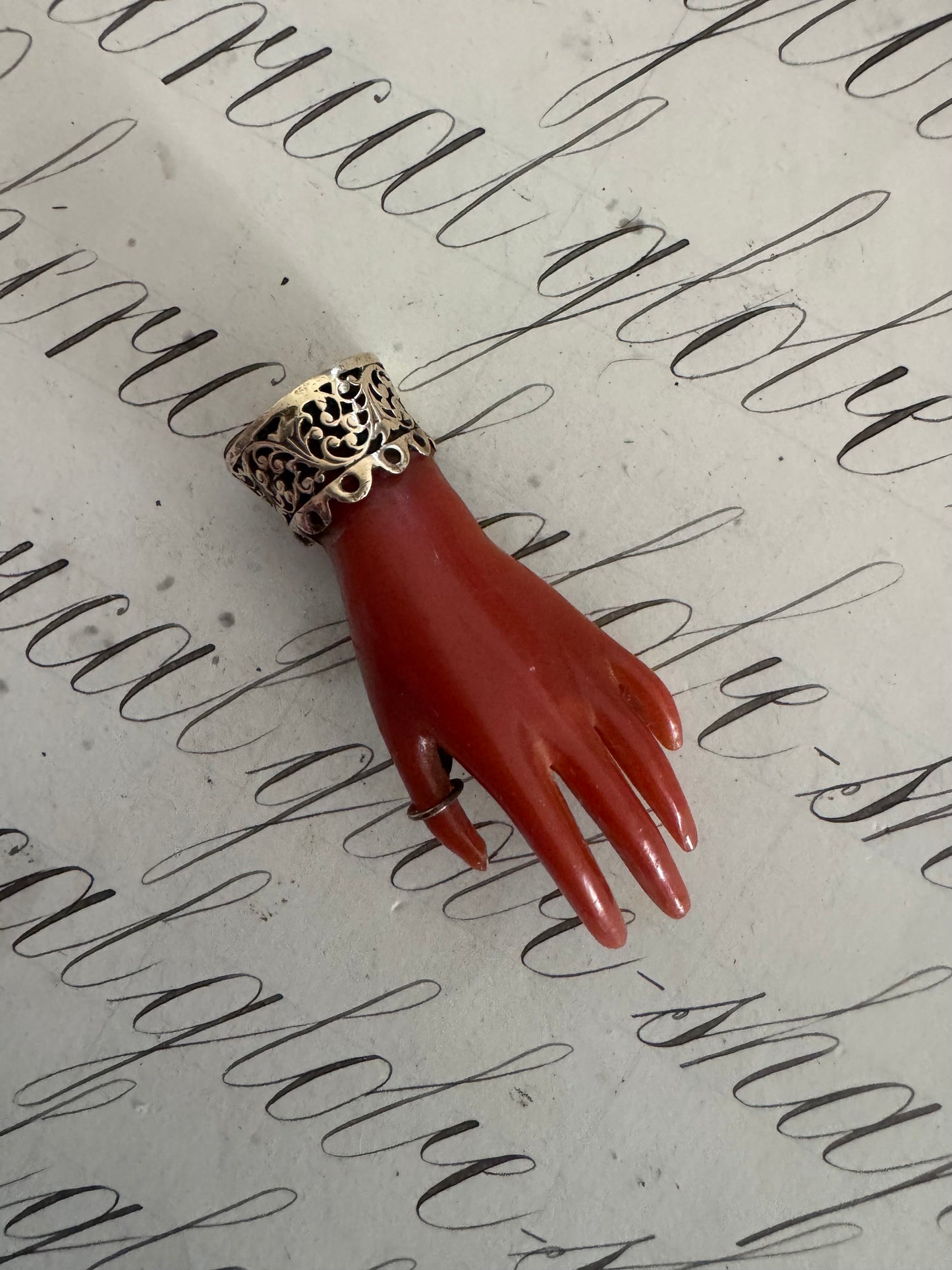Beautiful large antique celluloid hand pin with ornate cuff