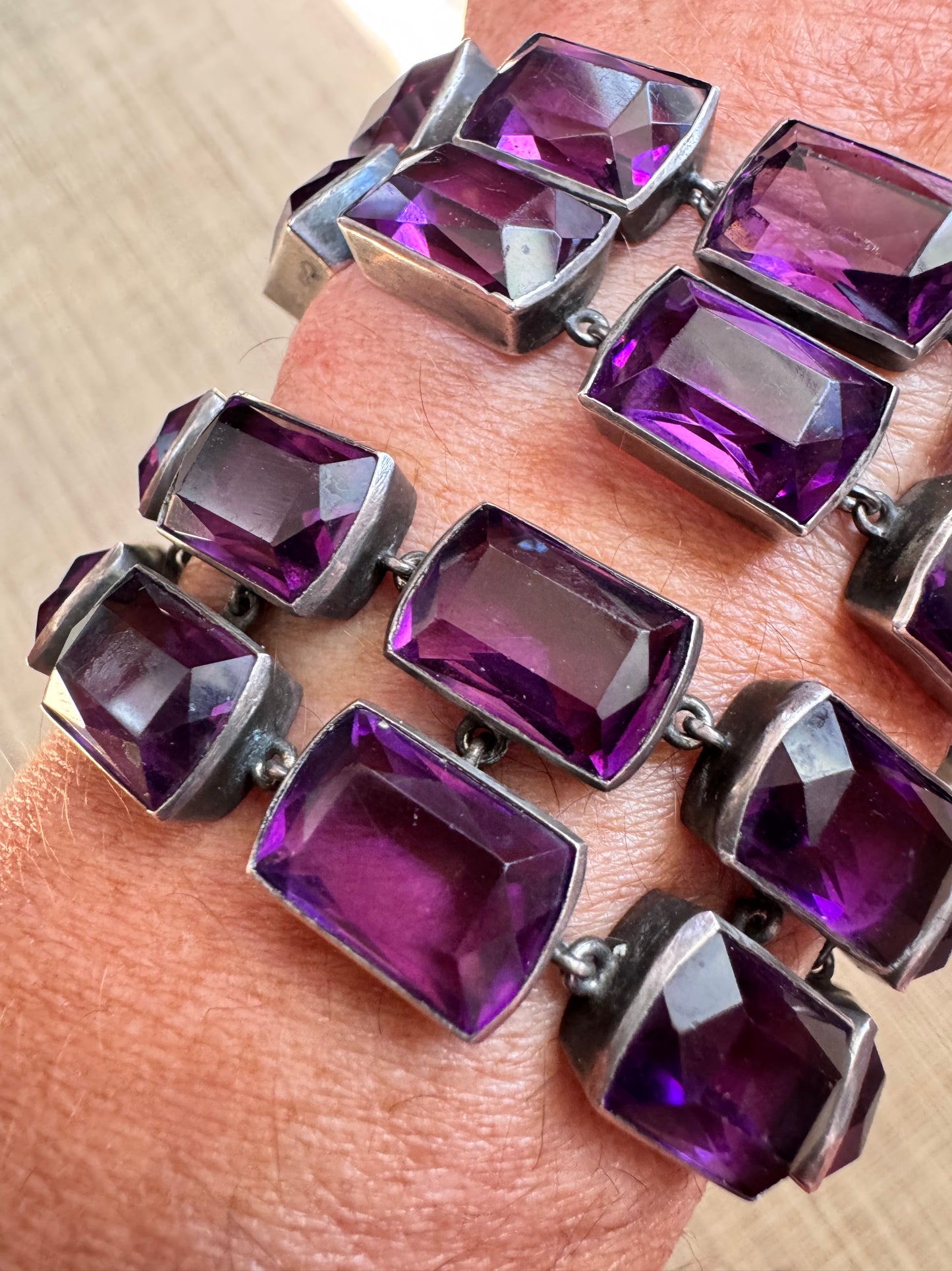Two Deco Amethyst Glass and Sterling Bracelets