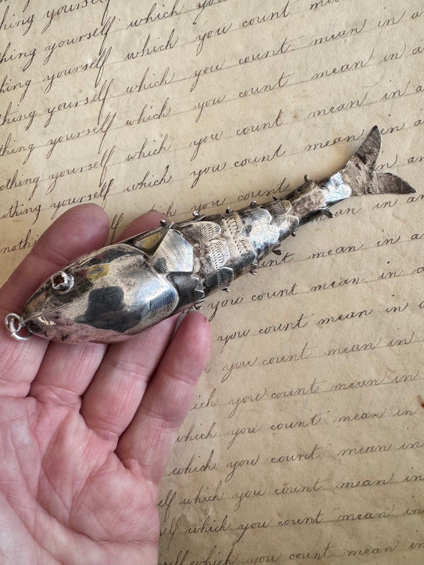 HUGE Antique Silver Articulated Fish A