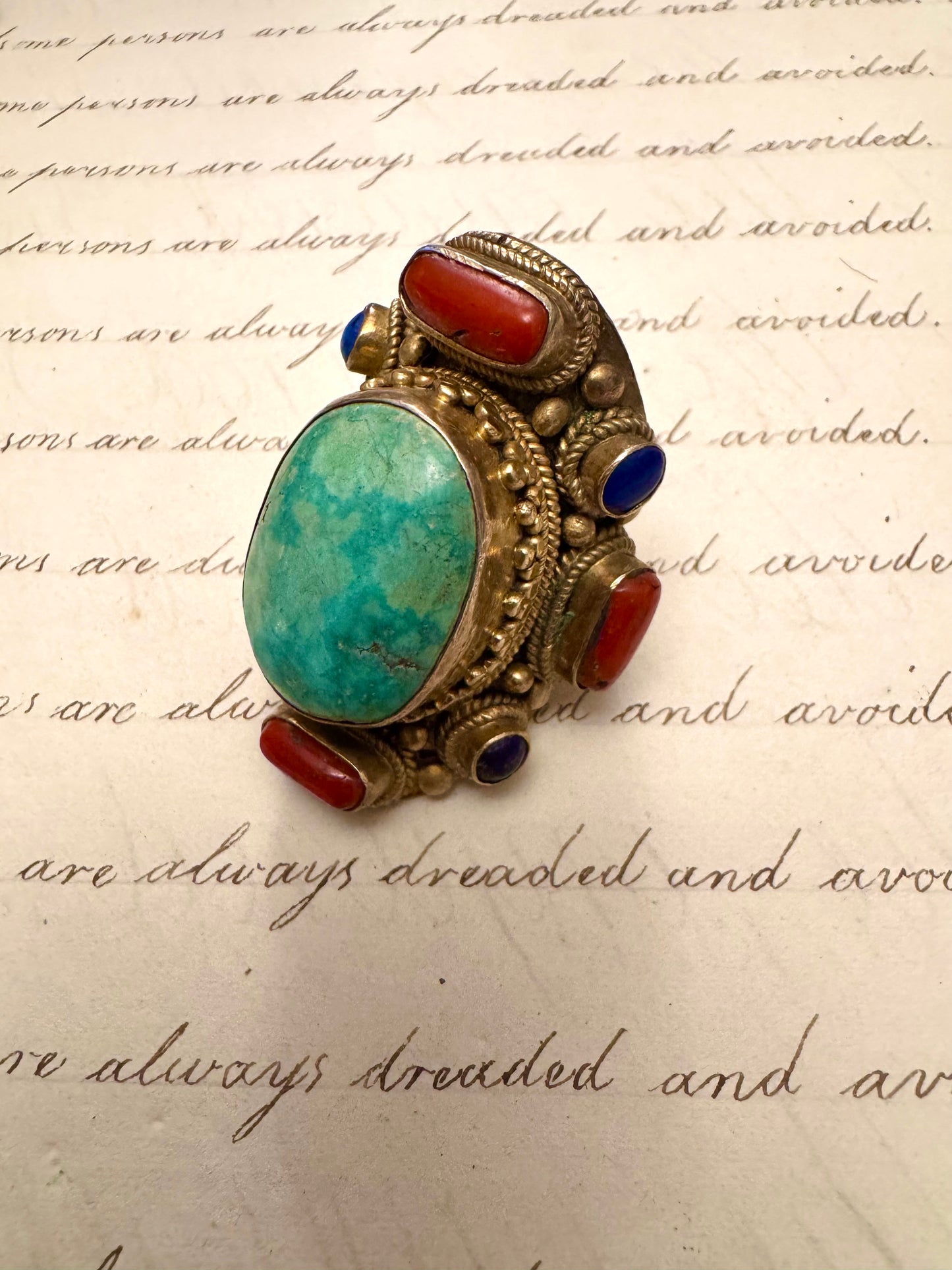 Enormous Vermeil Tibetan Turquoise Coral and Lapis Ring