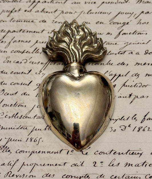 Beautiful Silver Ex Voto Flaming Heart #2