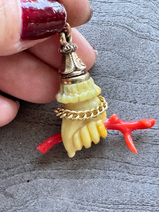 Antique Bone Hand with Coral and Curb Link Bracelet