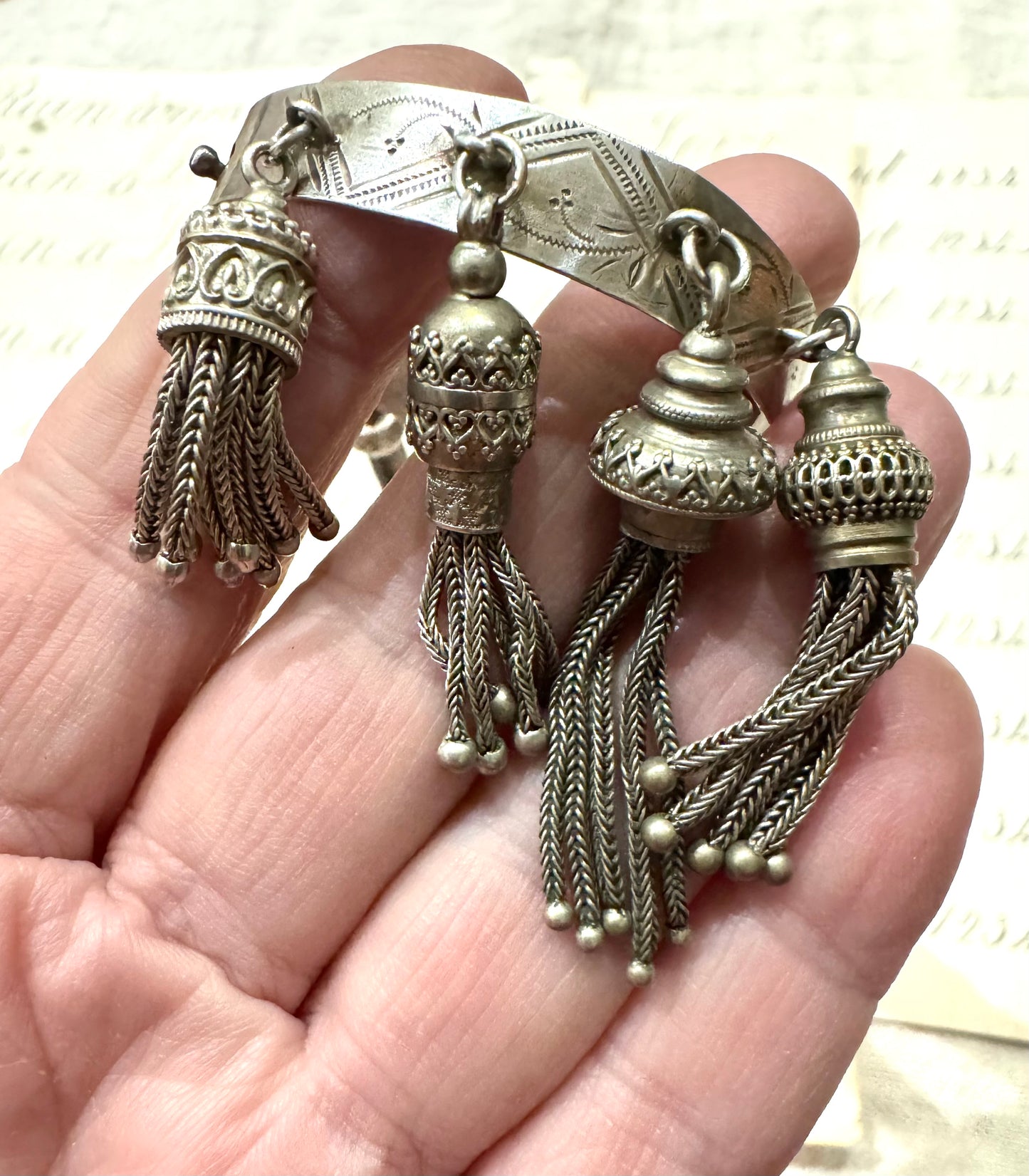 spectacular antique English castle bangle spectacular antique English tassel bangle