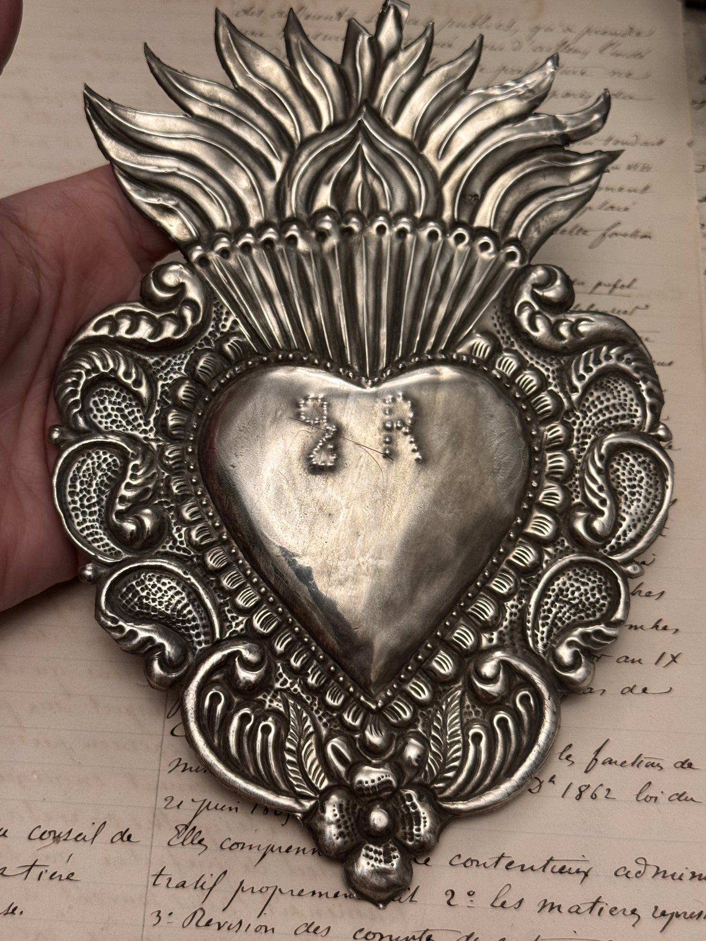 Huge Silver Repousse Ex Voto Heart #1