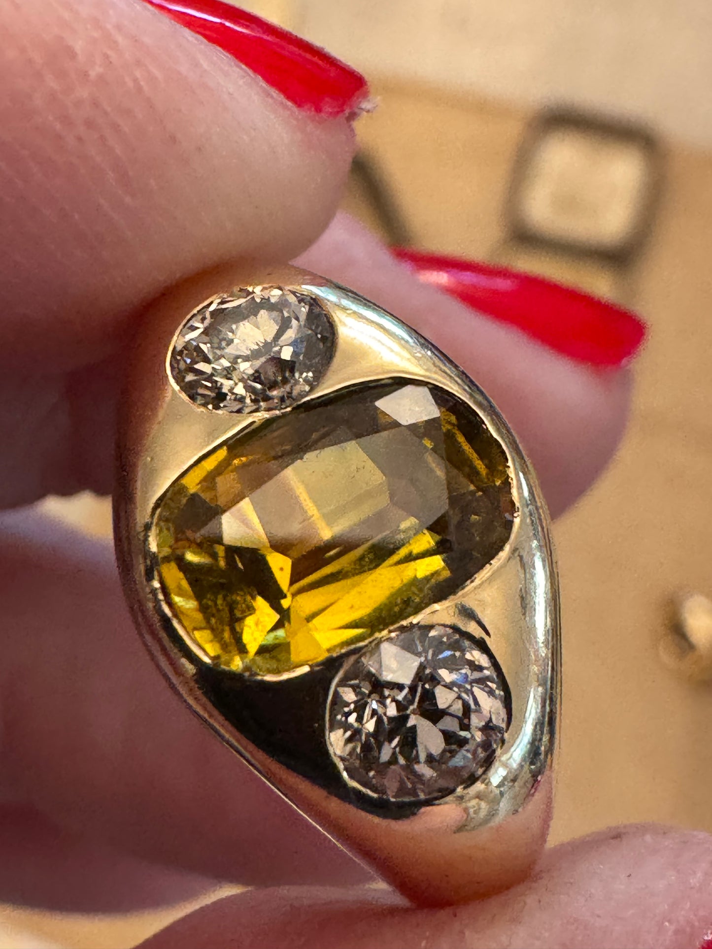 Incredible 14k Gypsy Ring with Natural Yellow Sapphire and Diamonds
