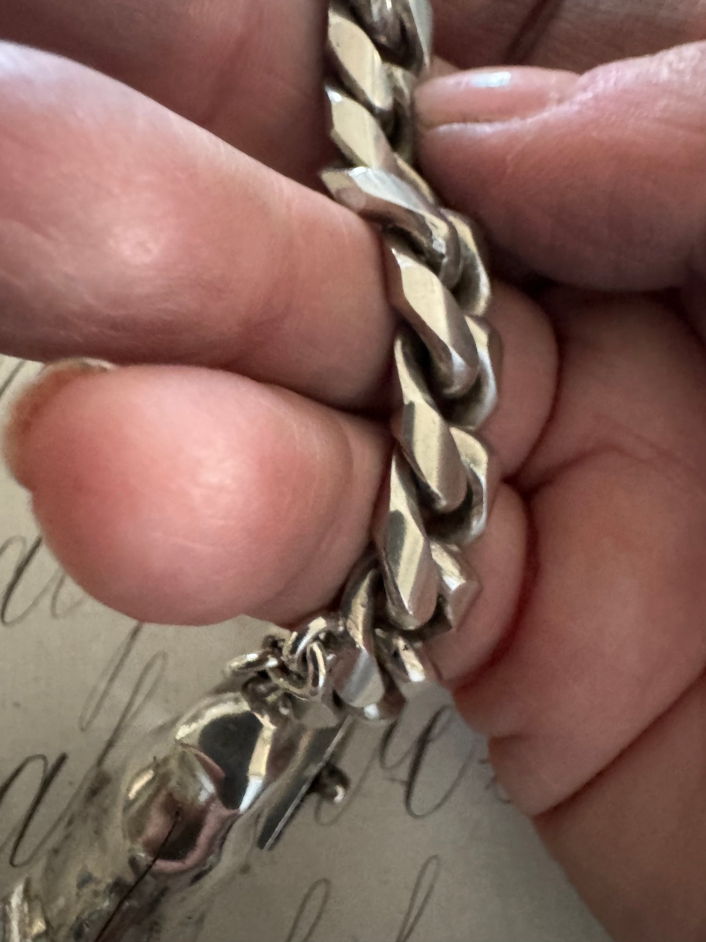 gorgeous vintage old pawn solid silver Native American curb chain bracelet with squash blossom charm