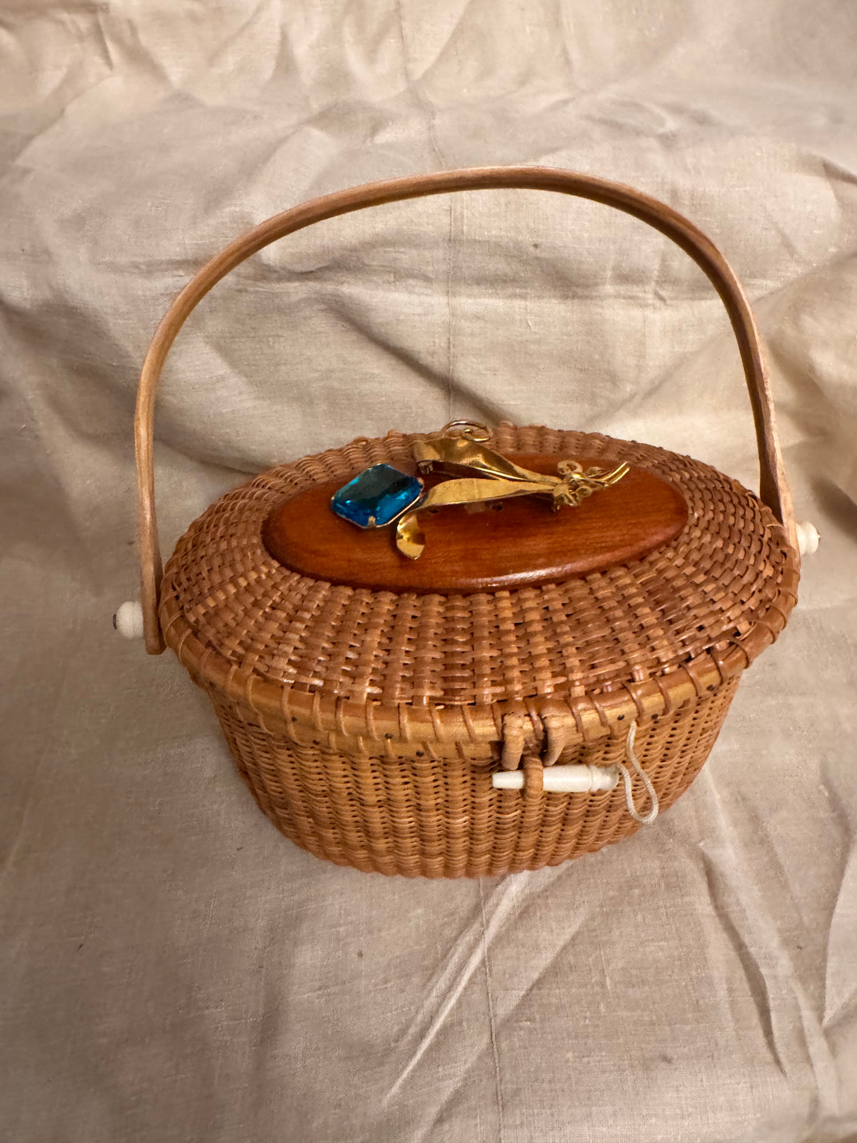 Large Oval Nantucket Basket with Vintage Sterling and 14k Gold Plated Pin with Blue Glass Stone