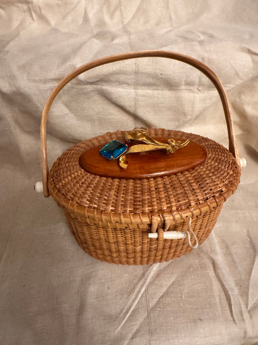 Large Oval Nantucket Basket with Vintage Sterling and 14k Gold Plated Pin with Blue Glass Stone