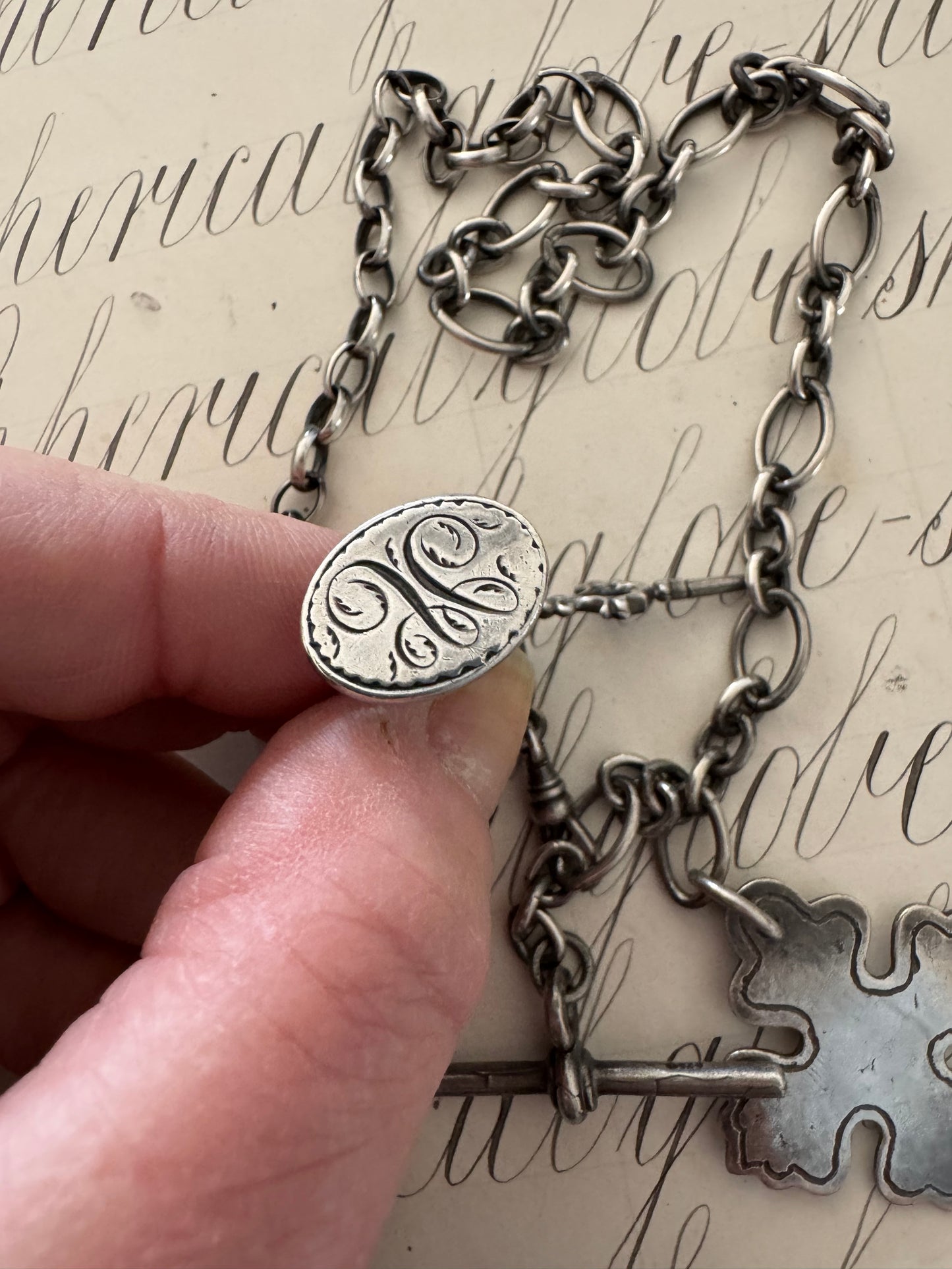 Sterling Silver Watch Chain with Nun’s Cross and Seal