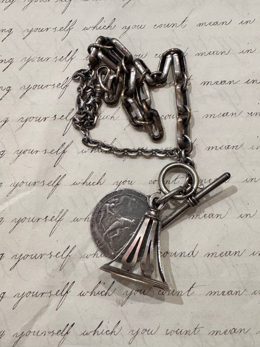 very old silver plated watch chain with fob and rare silver Henry Hudson medallion