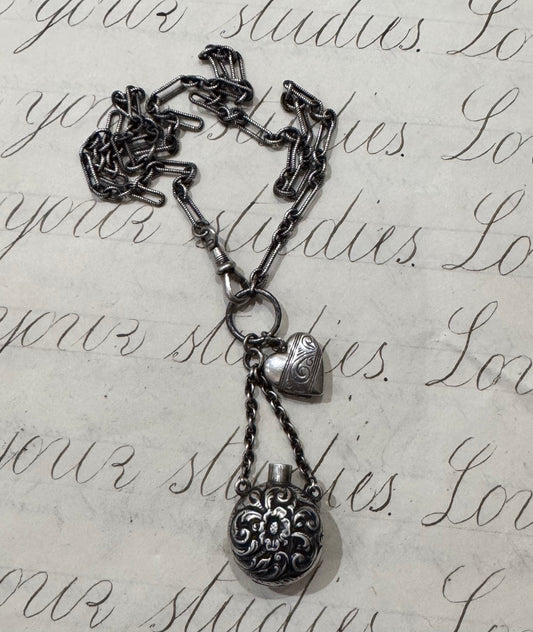 sweet Sterling silver chain with chased bottle and engraved miniature heart locket
