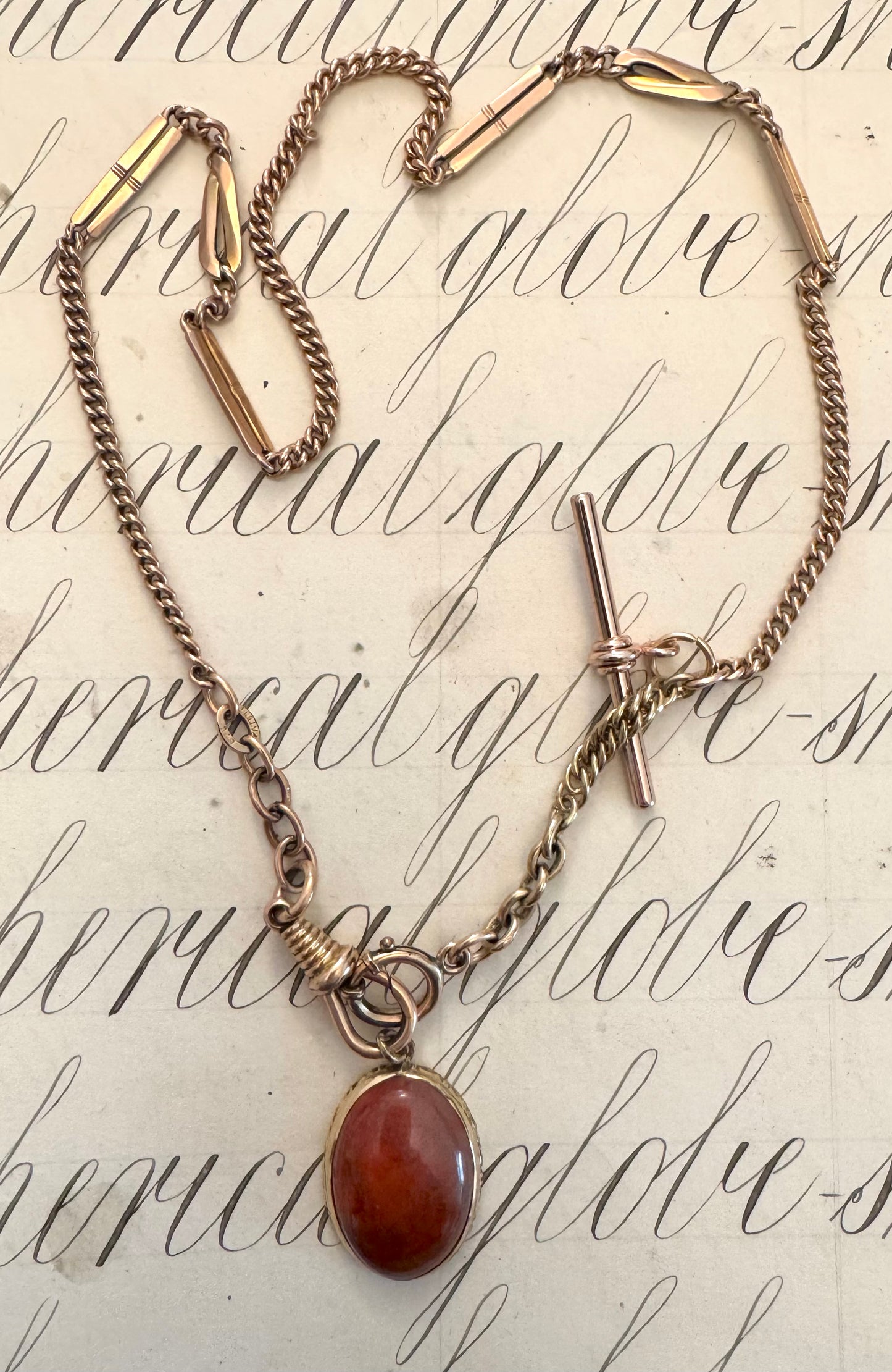 Beautiful French Deco Gold Filled Watch Chain with Moss Agate Fob