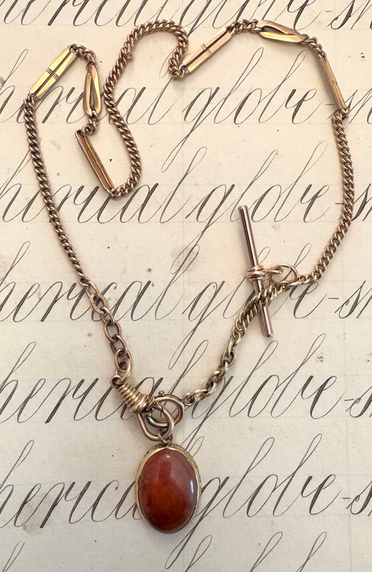 Beautiful French Deco Gold Filled Watch Chain with Moss Agate Fob