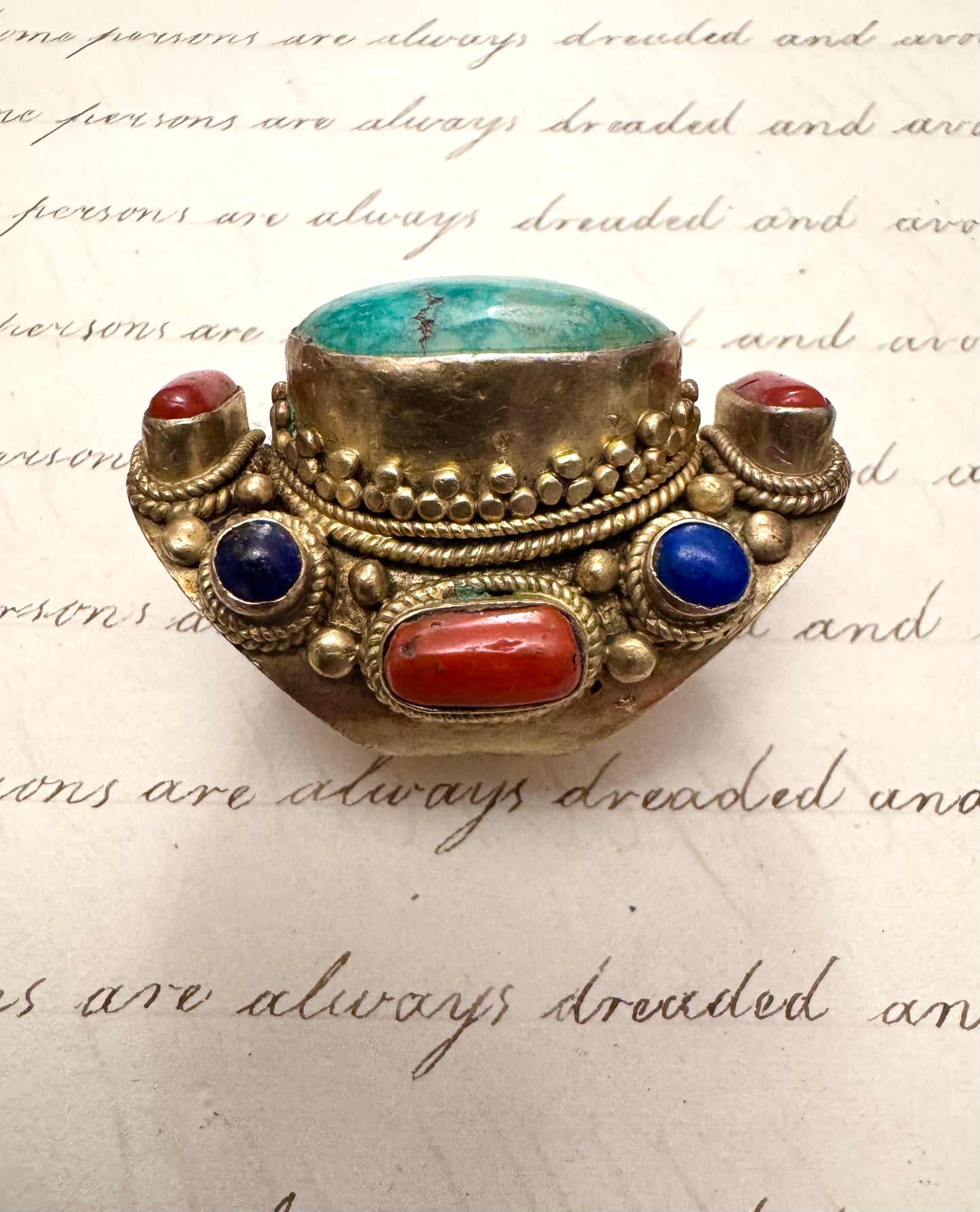 Enormous Vermeil Tibetan Turquoise Coral and Lapis Ring