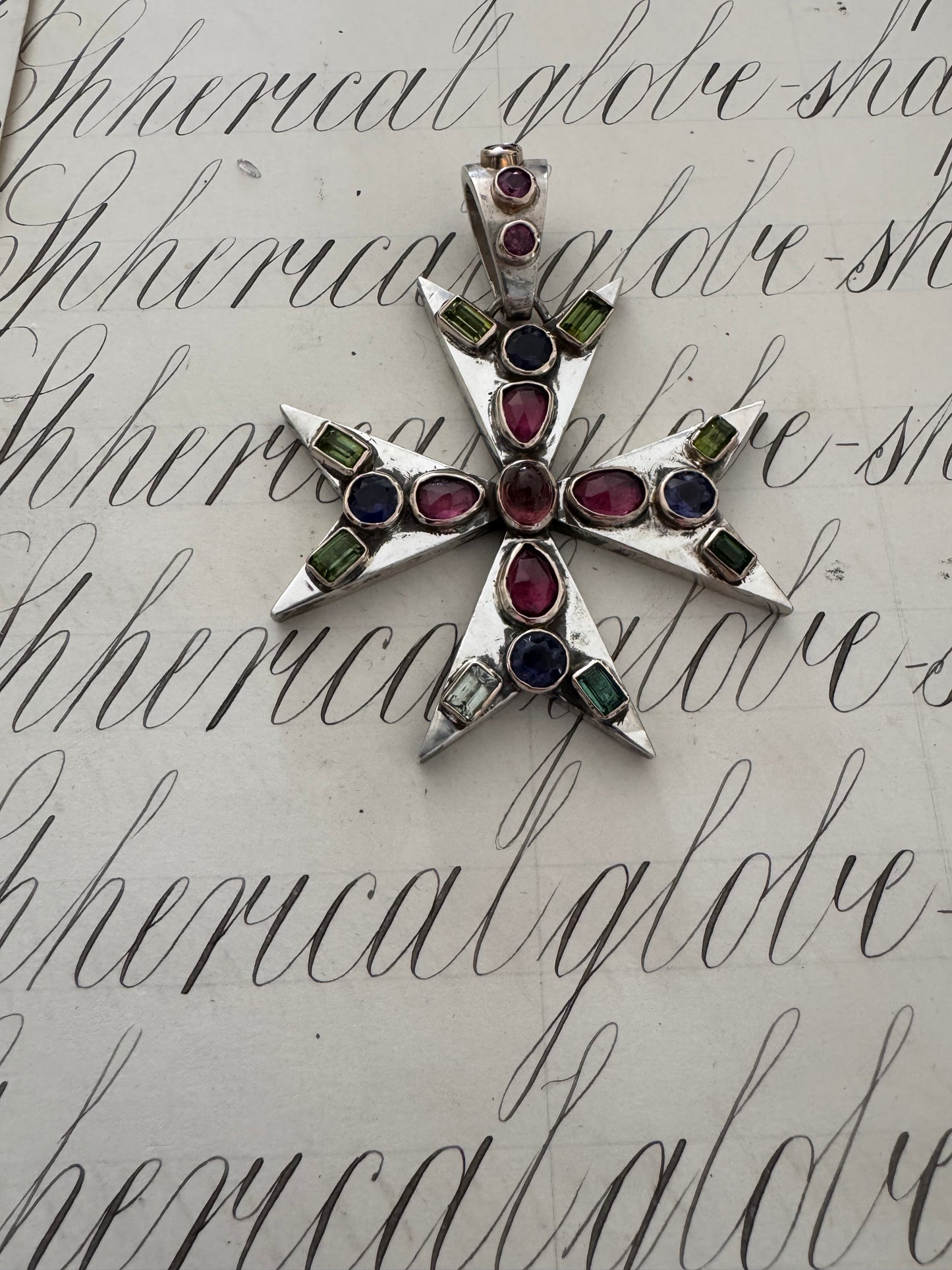 Gorgeous Vintage Sterling and 14k Gold Maltese Cross with Tourmalines