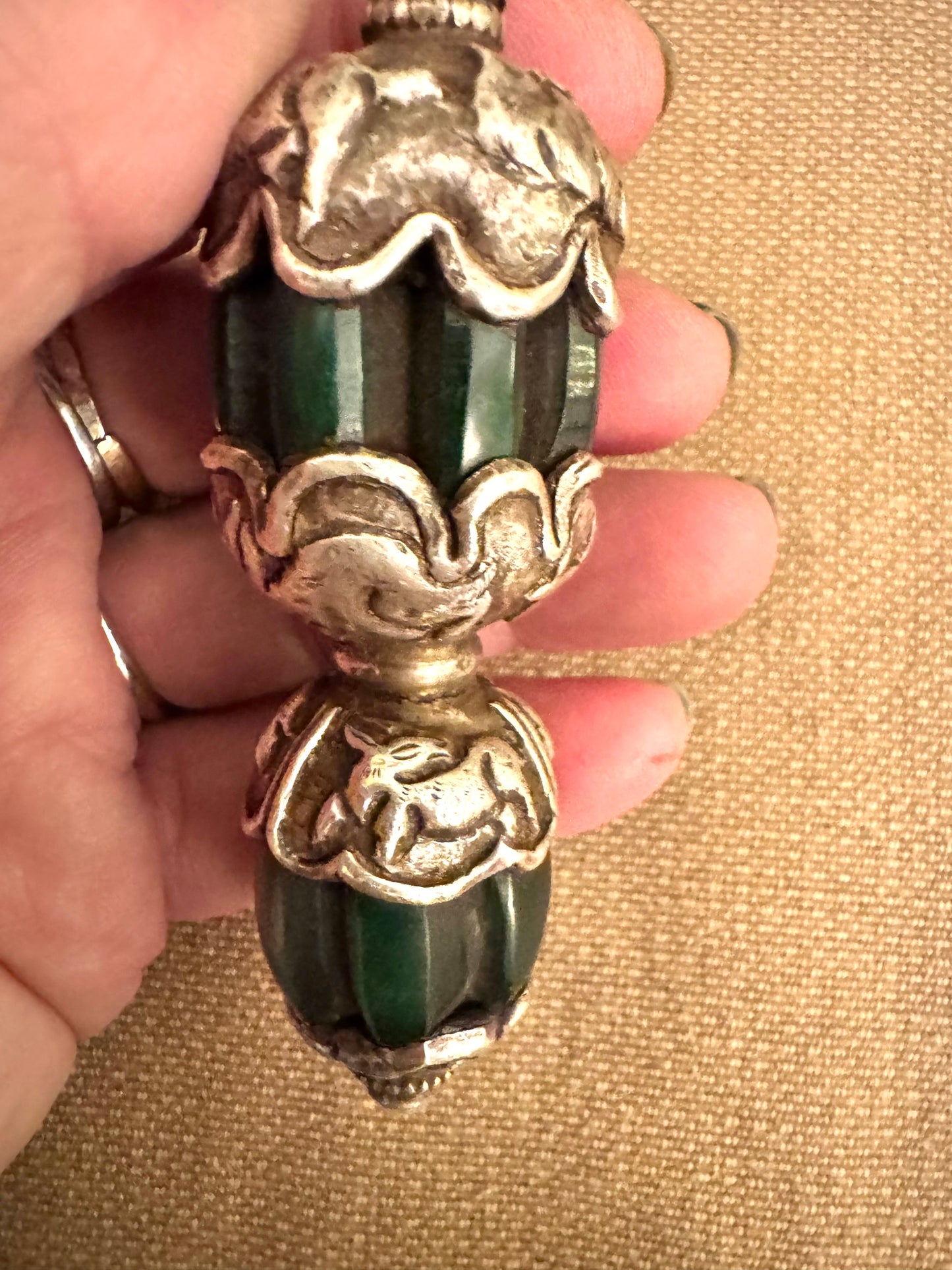 Vintage Tibetan Silver Pendant with Green Stone