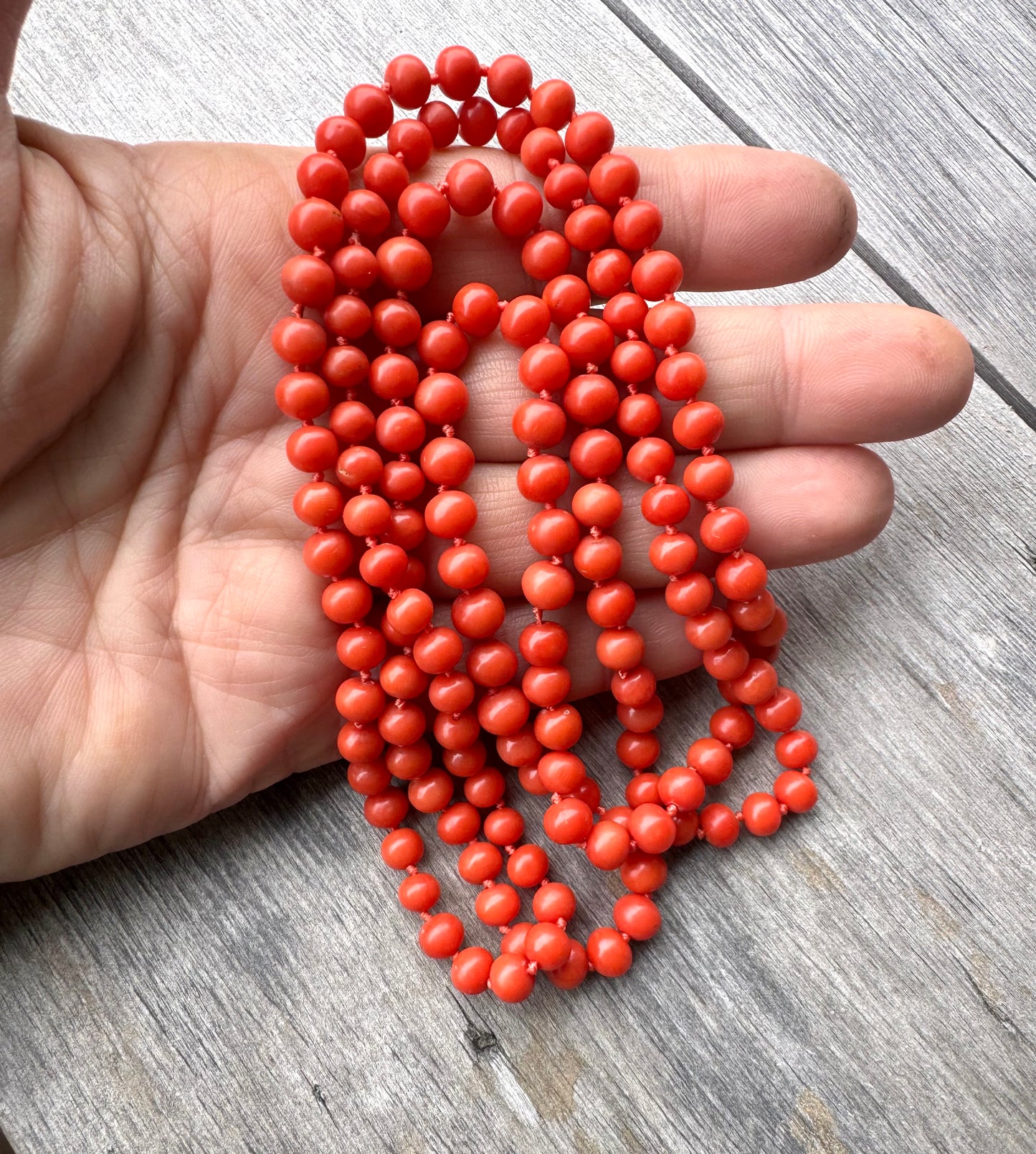 Extra Long Strand of Superior Quality Italian Coral Beads