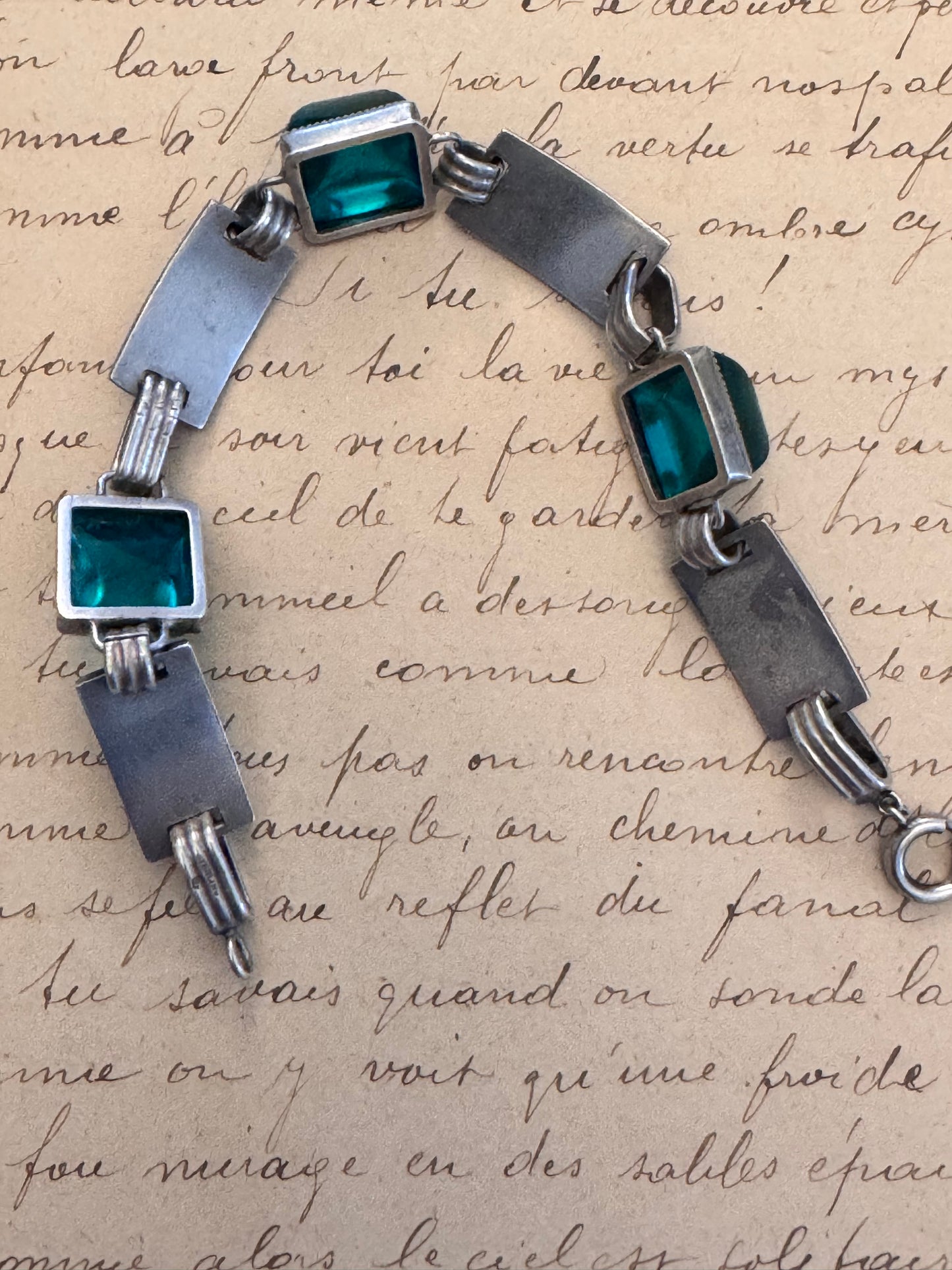 Sterling Deco Clear Green Glass and Enamel Bracelet