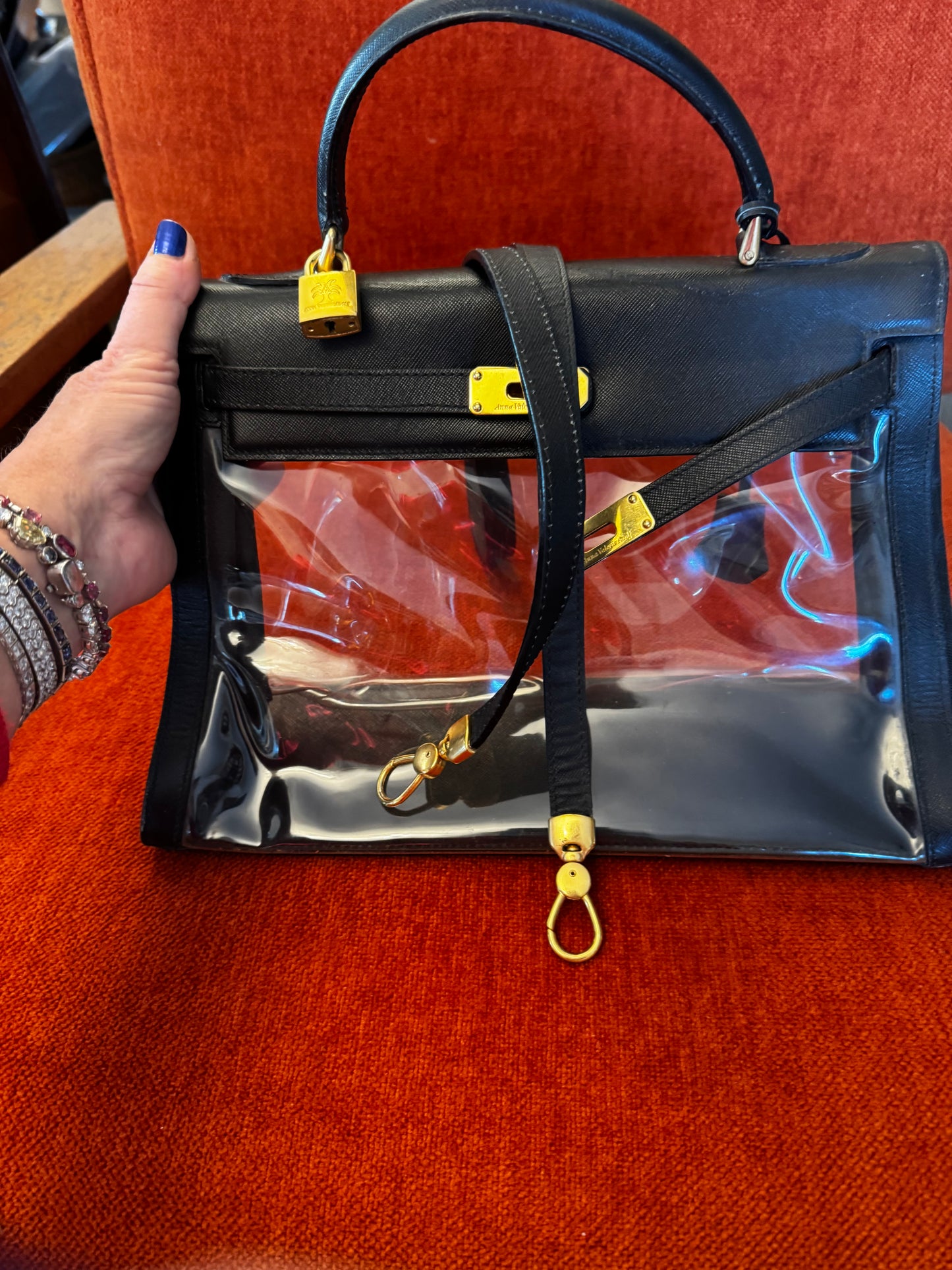 Black leather and clear PVC Kelly style bag