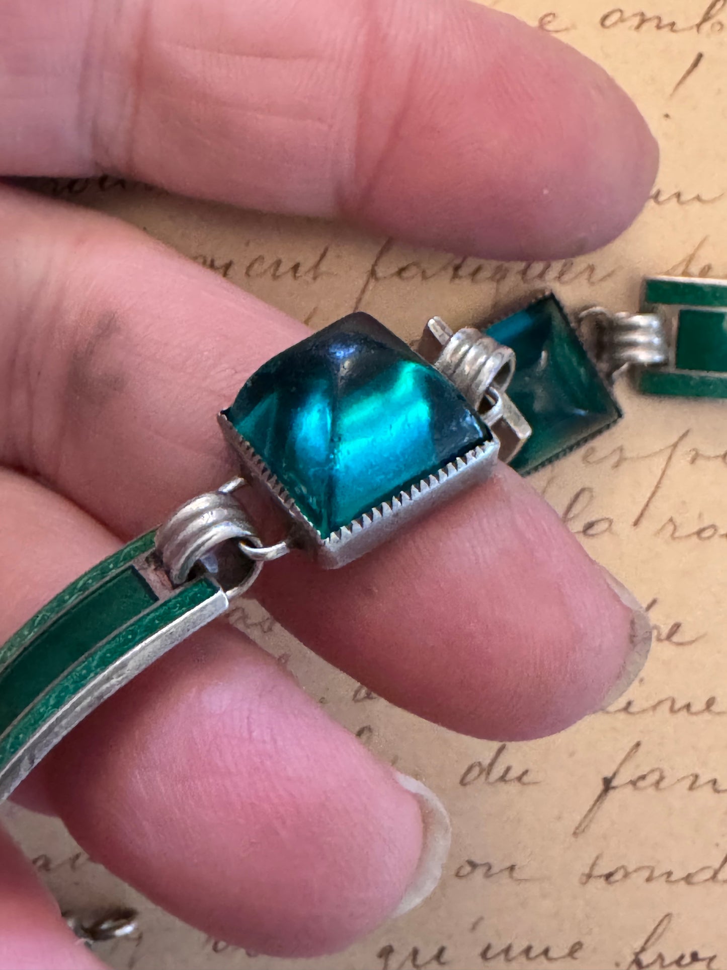 Sterling Deco Clear Green Glass and Enamel Bracelet