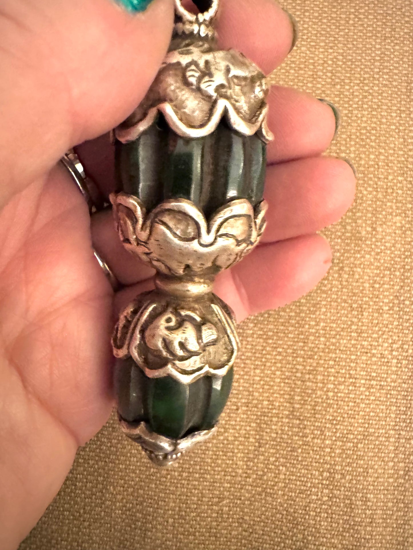 Vintage Tibetan Silver Pendant with Green Stone