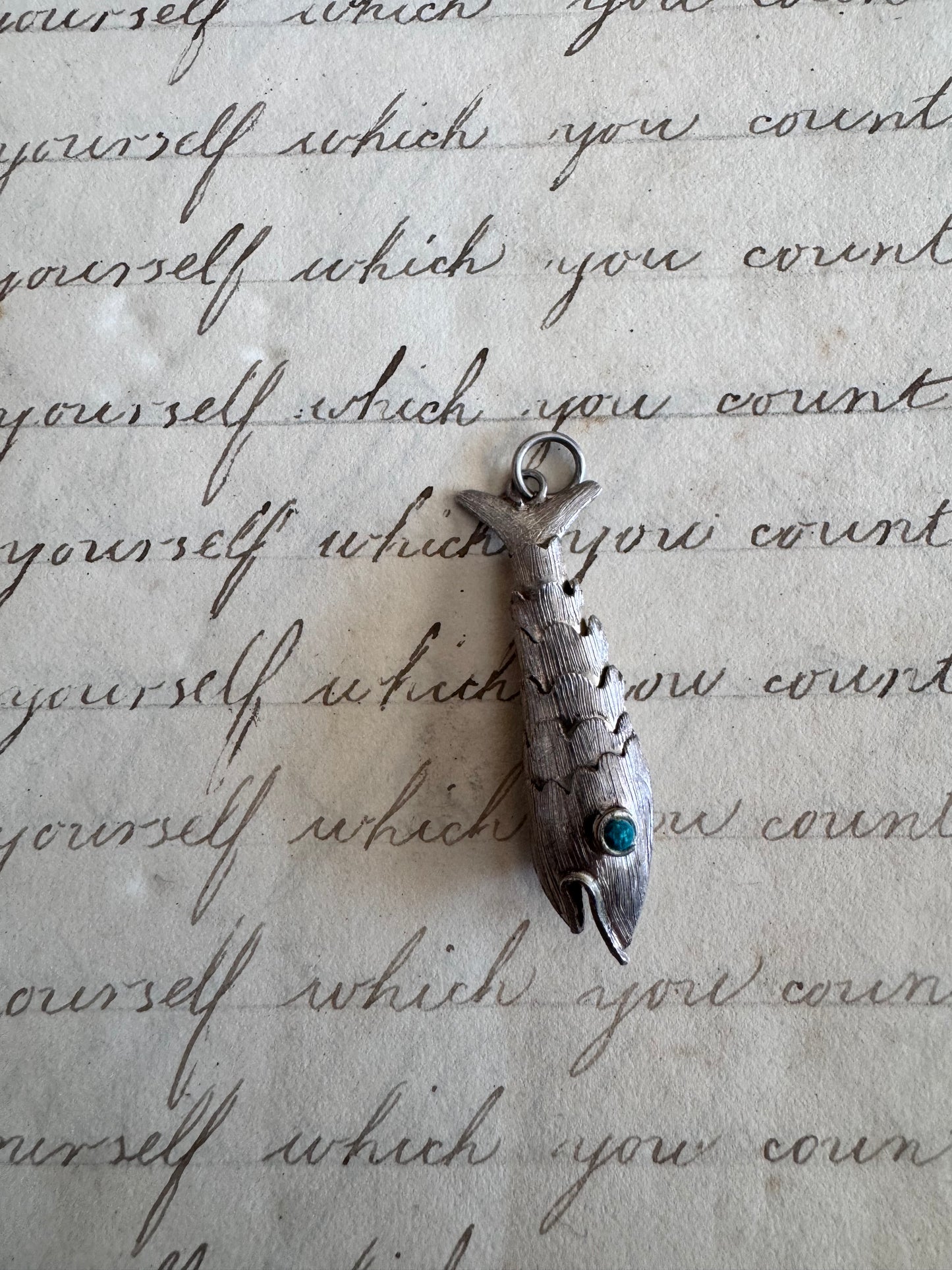 SMALL Vintage sterling Silver Articulated Fish with Turquoise Eyes I