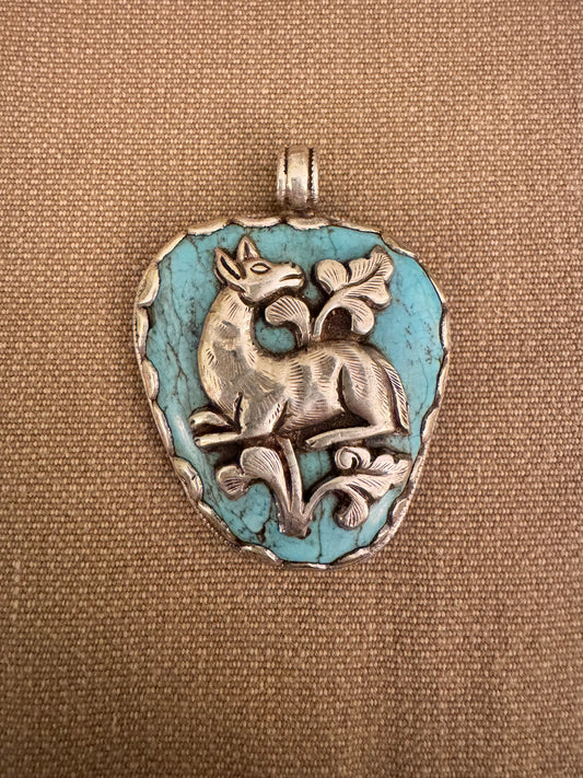Vintage Tibetan Turquoise and Silver Pendant with Deer