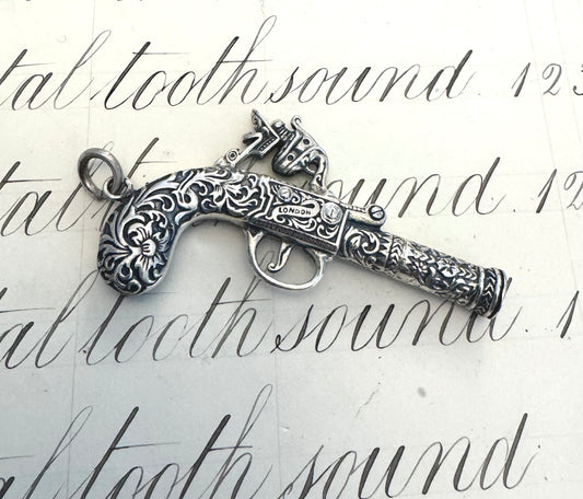 English Sterling Silver Embossed Flintlock Pistol Whistle