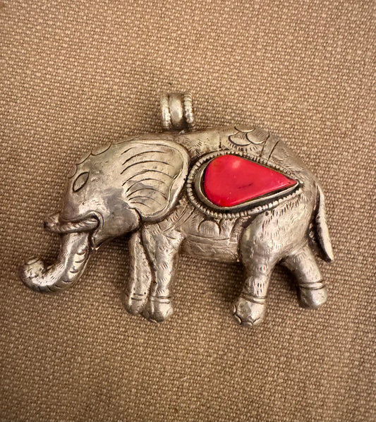 Vintage Tibetan Coral and Silver Elephant Pendant
