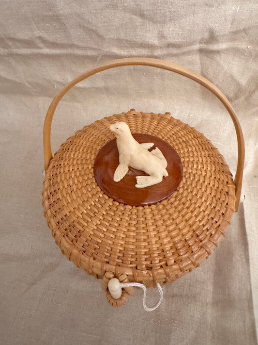 Medium Round Basket with Faux Ivory 3-Dimensional Seal on the Lid